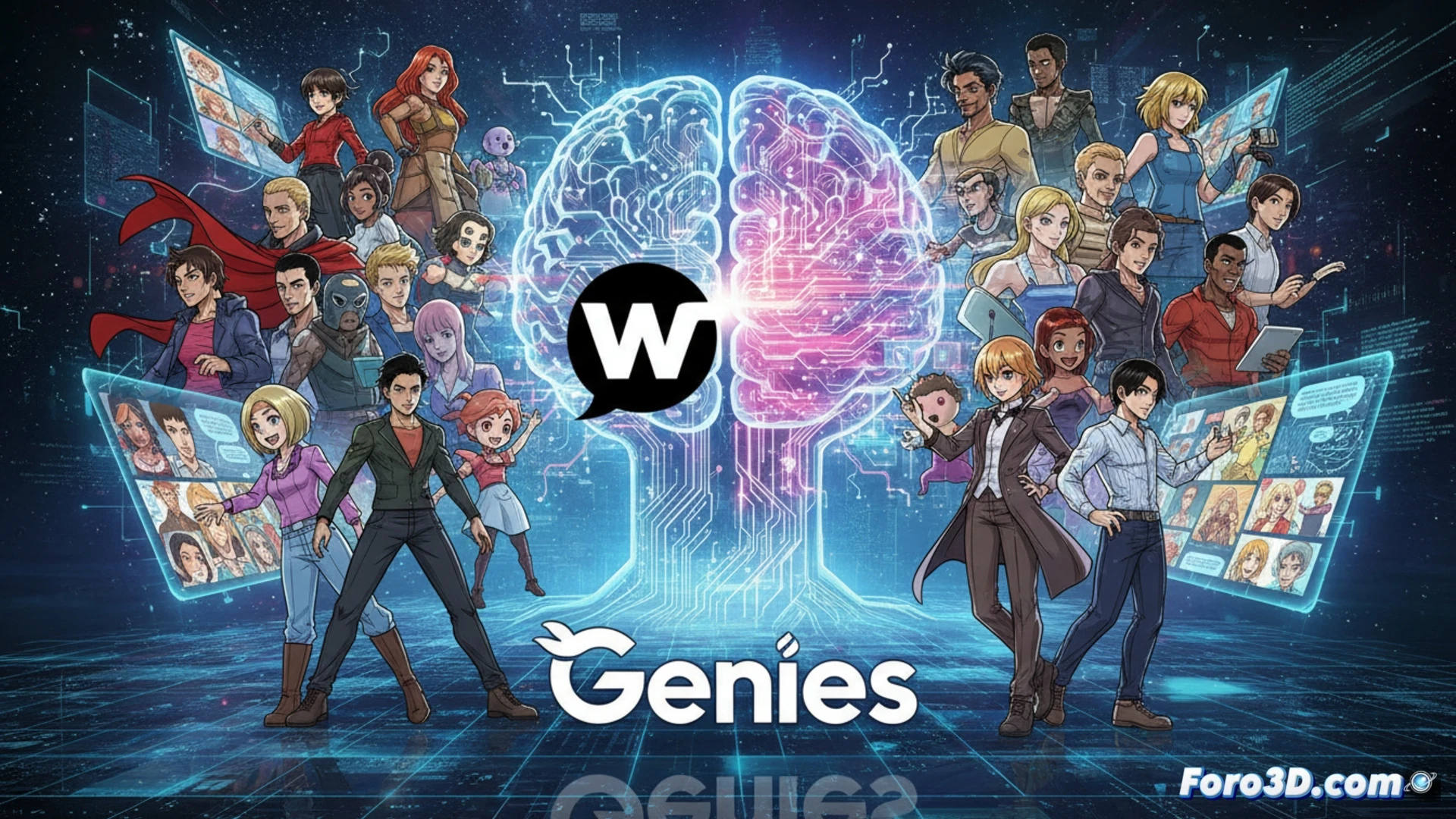 Un avatar realista con IA sostiene un lápiz digital frente a un cómic en pantalla, junto al logo de WEBTOON y Genies.