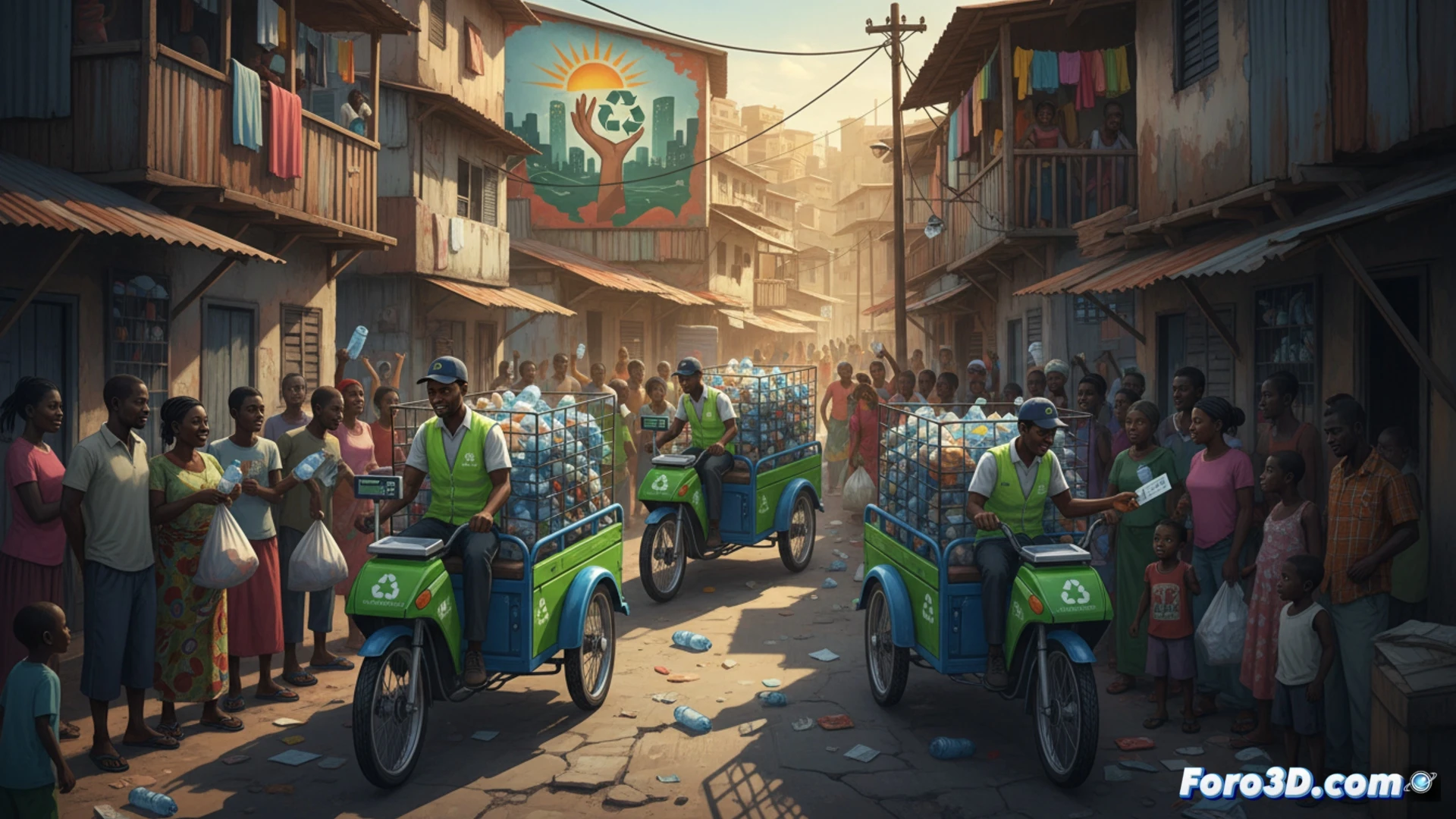 Un triciclo de carga de Wecyclers, lleno de residuos reciclables, circula por un animado y denso barrio de Lagos.