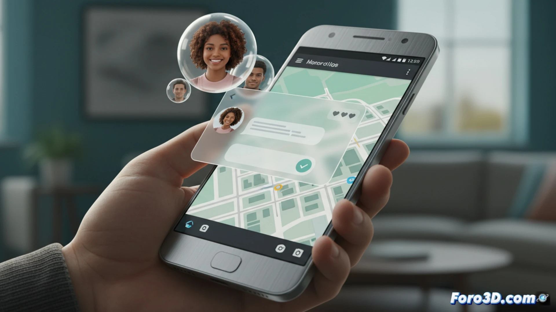 Un móvil Android muestra una ventana de chat abierta. Sobre ella, flota un círculo con la foto de perfil de un contacto, como burbuja flotante al estilo Messenger.