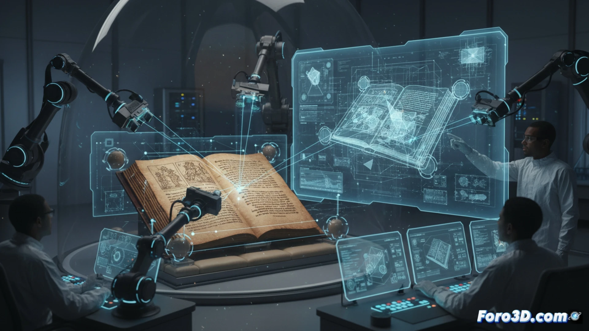 Recreacion digital en 3D de un antiguo manuscrito medieval abierto, mostrando paginas de pergamino y detallada escritura.
