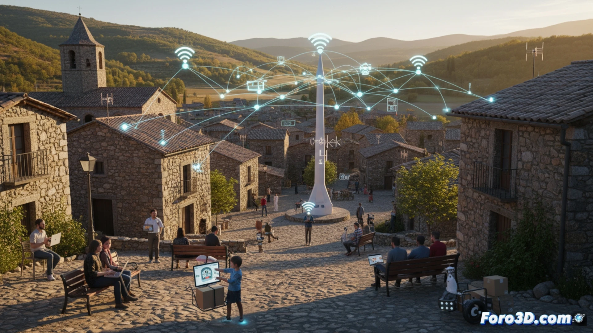 Una plaza de pueblo con personas usando dispositivos conectados a una red wifi pública gratuita.