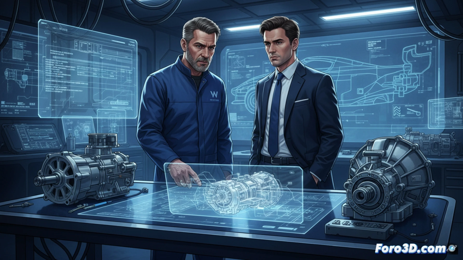 Un ingeniero revisa planos de un F1 Williams, con logotipos de Mercedes desvaneciéndose en segundo plano.