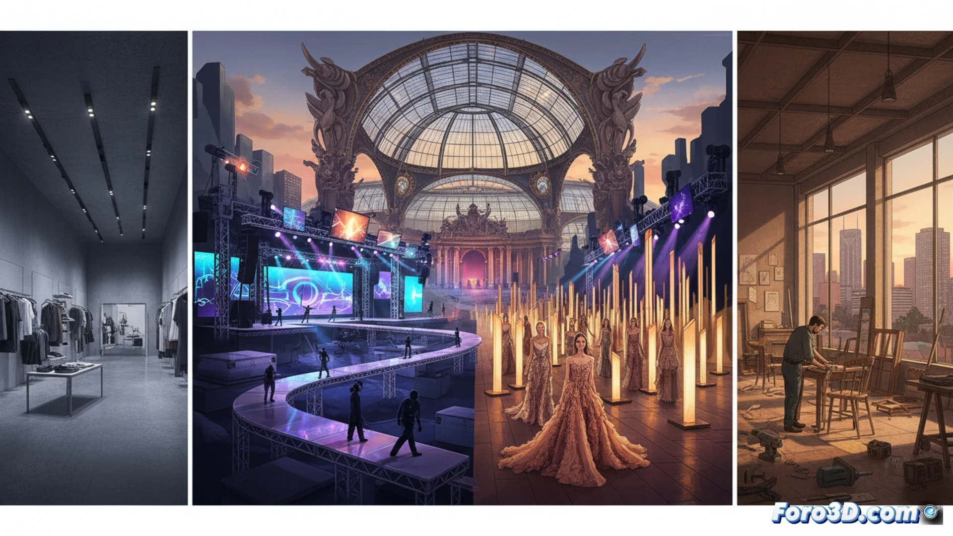 Un hombre elegante, entre bocetos de muebles y maquetas de escenarios, en un estudio lleno de luz y objetos de diseño.