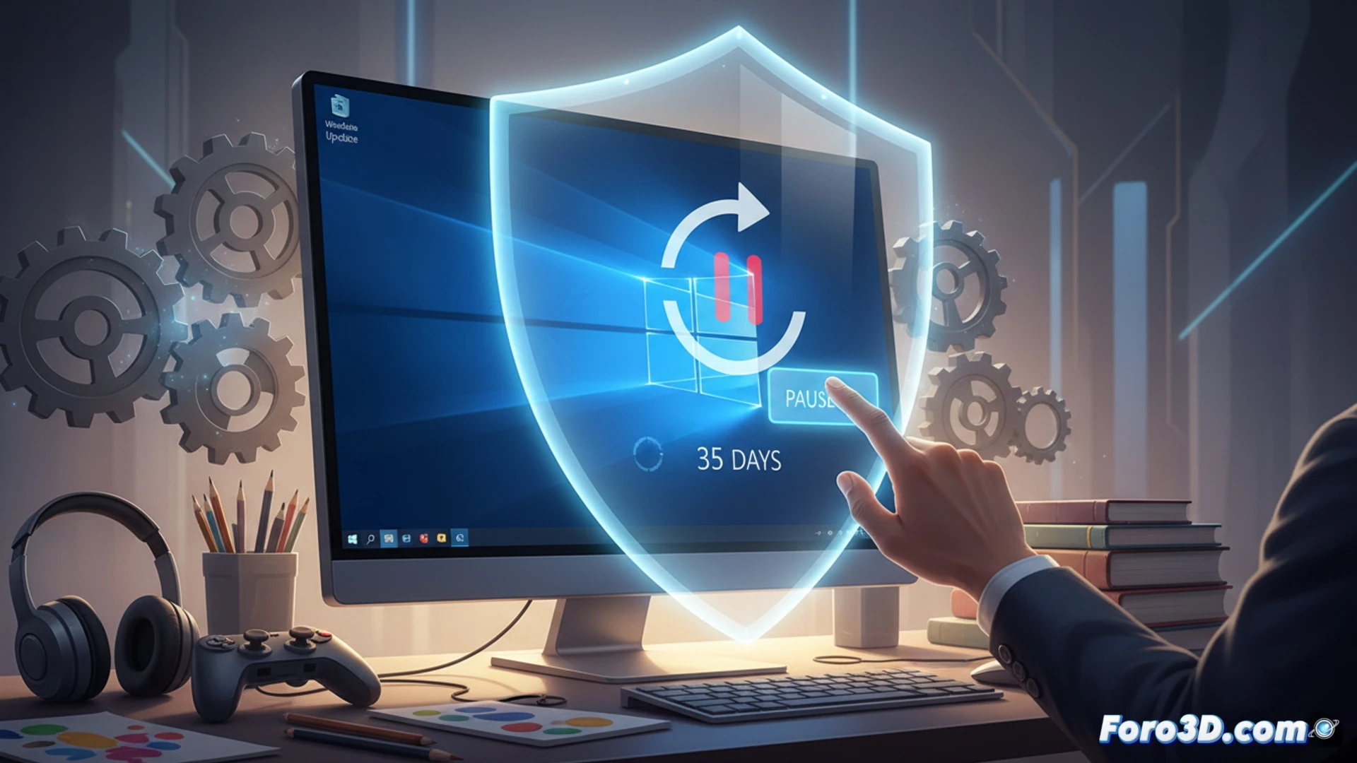 Una interfaz de Windows Update con un botón de pausa y un calendario que marca 35 días, junto a un icono de juego y herramientas.