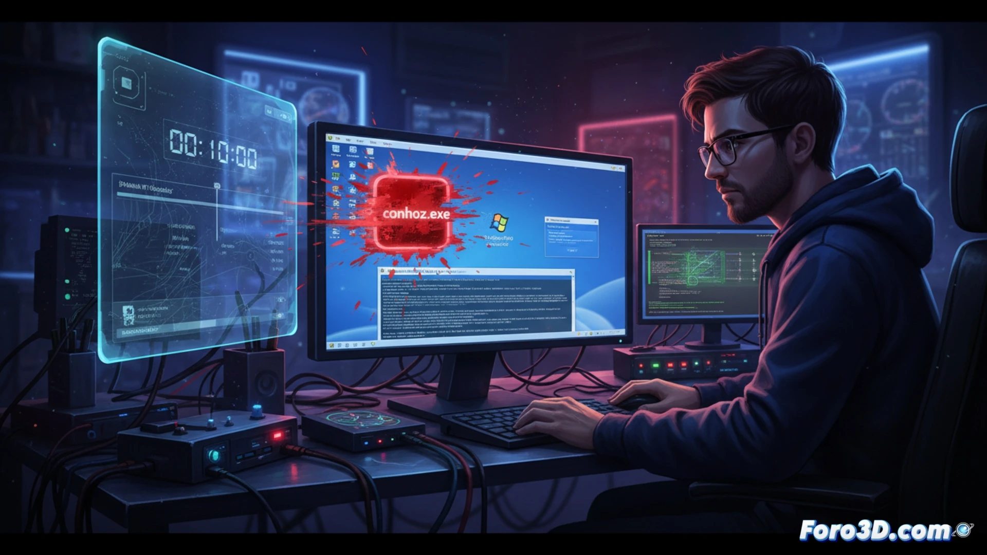 Pantalla de Windows XP con conexión a Internet y alerta de troyano conhoz.exe detectado
