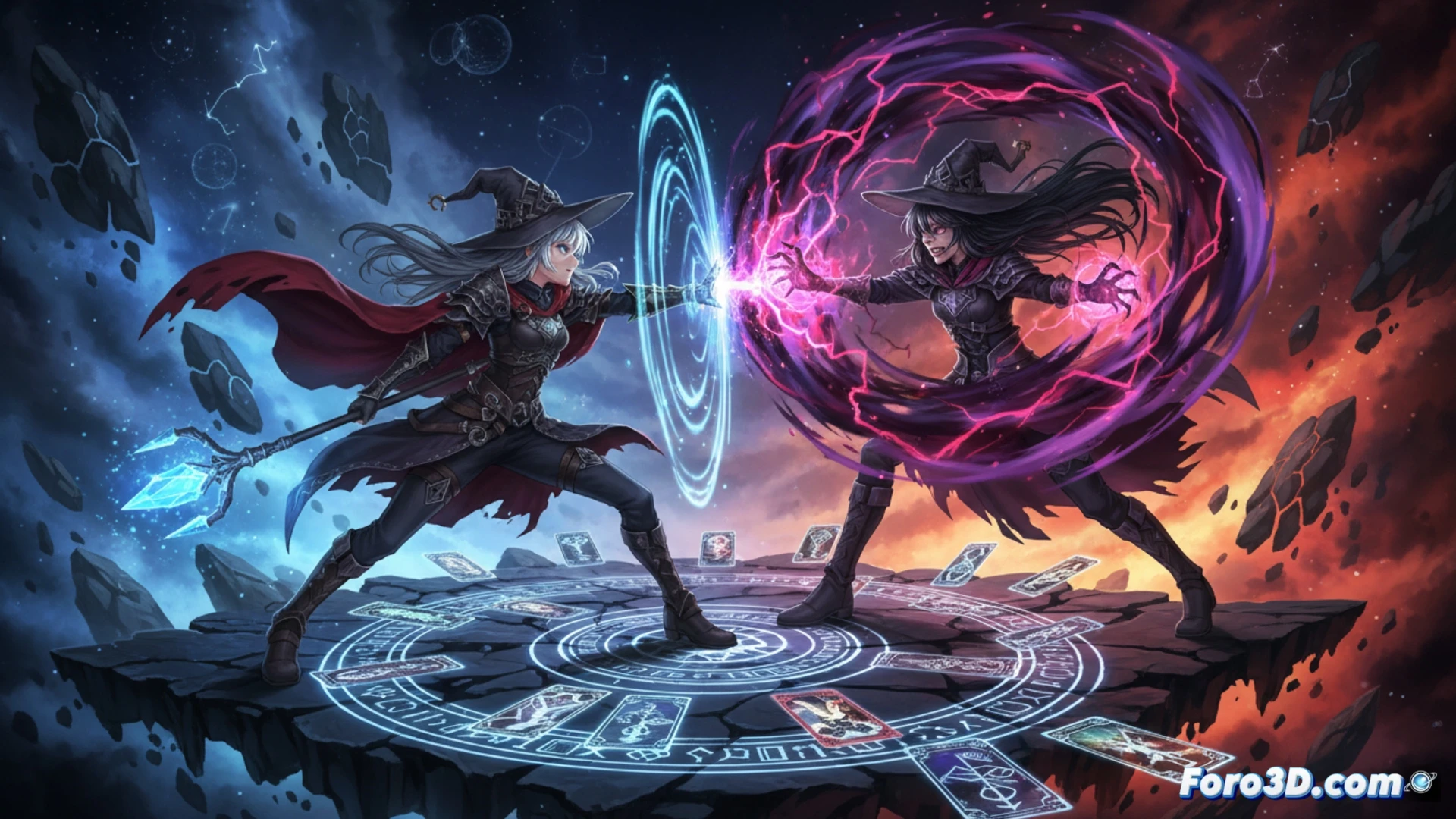 Dos duelistas de anime se enfrentan en un escenario oscuro; uno ejecuta un parry perfecto, recargando maná azul, mientras mazos de cartas flotan entre ellos.