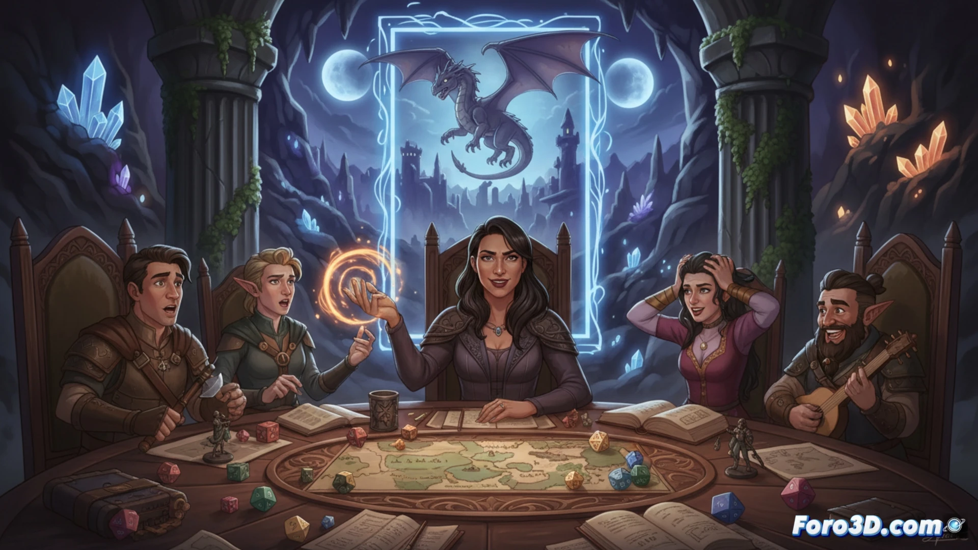 Un grupo diverso de jugadores, dirigido por Jasmine Bhullar, juega D&D en una mesa iluminada, dados y mapas entre ellos.