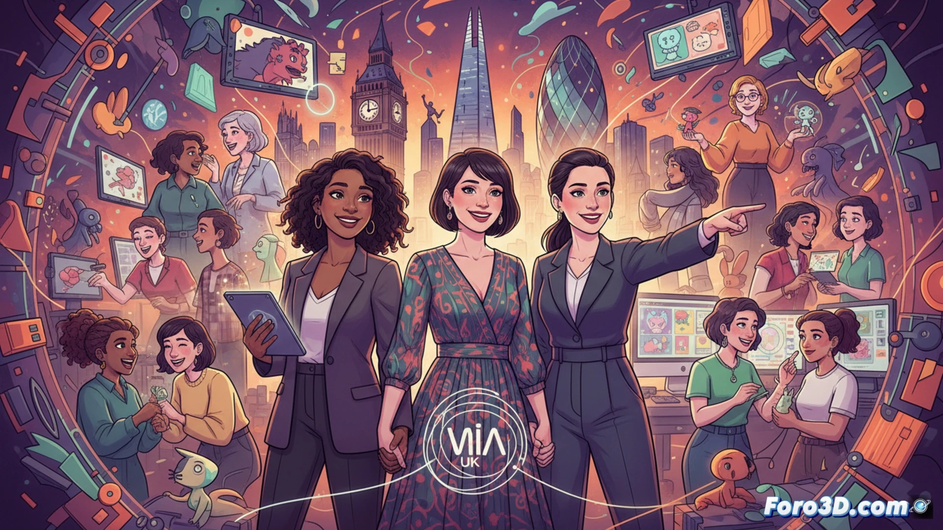 Una profesional de la animación mira un mapa de Europa con el logo de WIA sobre el Reino Unido.