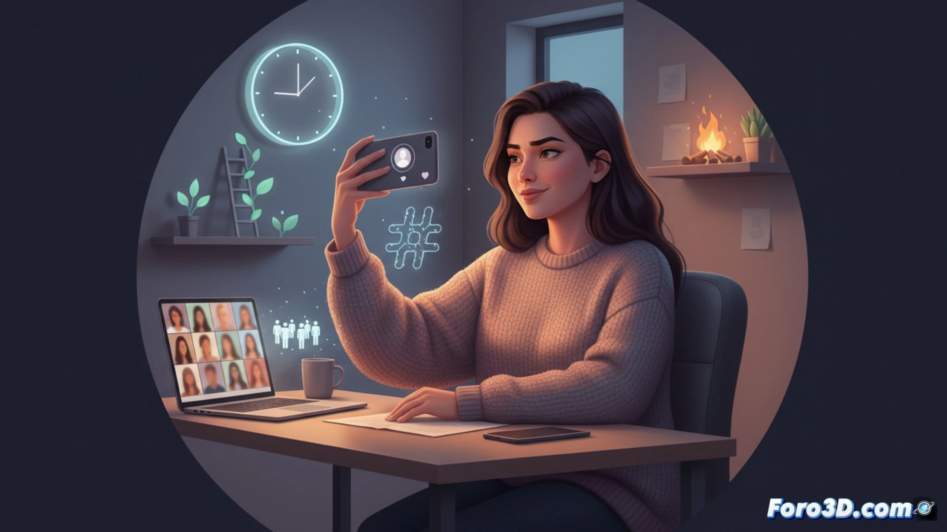 Joven graba con su móvil su escritorio, mostrando su rutina laboral mientras se refleja en la pantalla del ordenador. #WorkTok