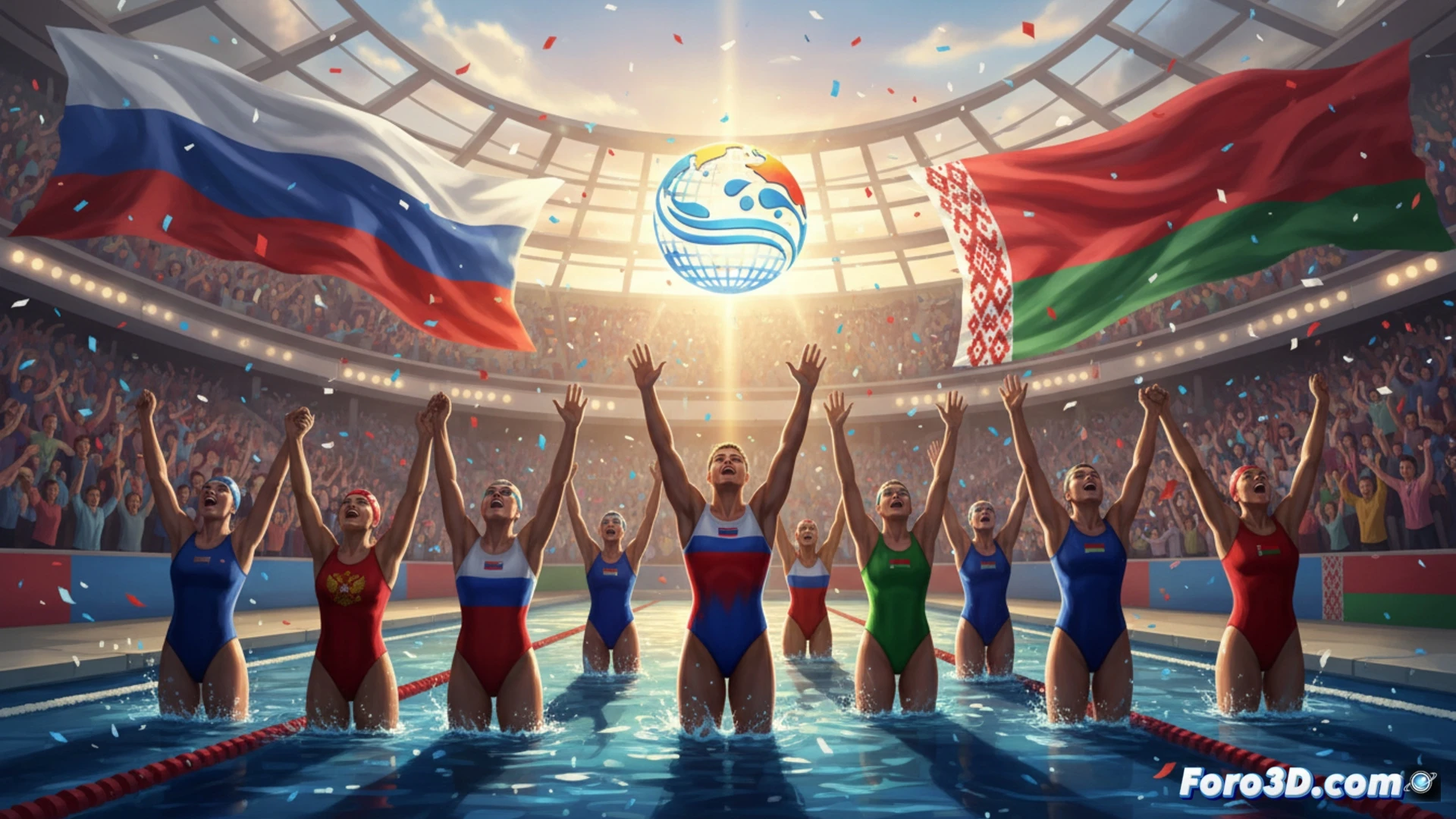 Una piscina olímpica con banderas de Rusia y Bielorrusia ondeando junto a otras.