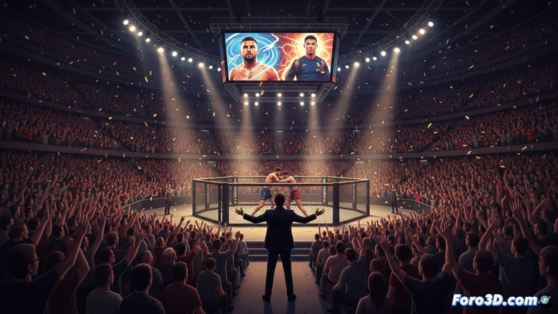 Un estadio repleto con 14.000 personas vitoreando en un vibrante evento de MMA, con el logo WOW iluminando la arena.