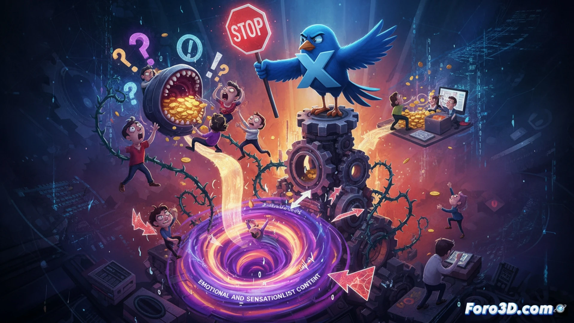 Una mano ajusta engranajes de un algoritmo, mientras otra intenta tapar titulares sensacionalistas que emergen de una pantalla.