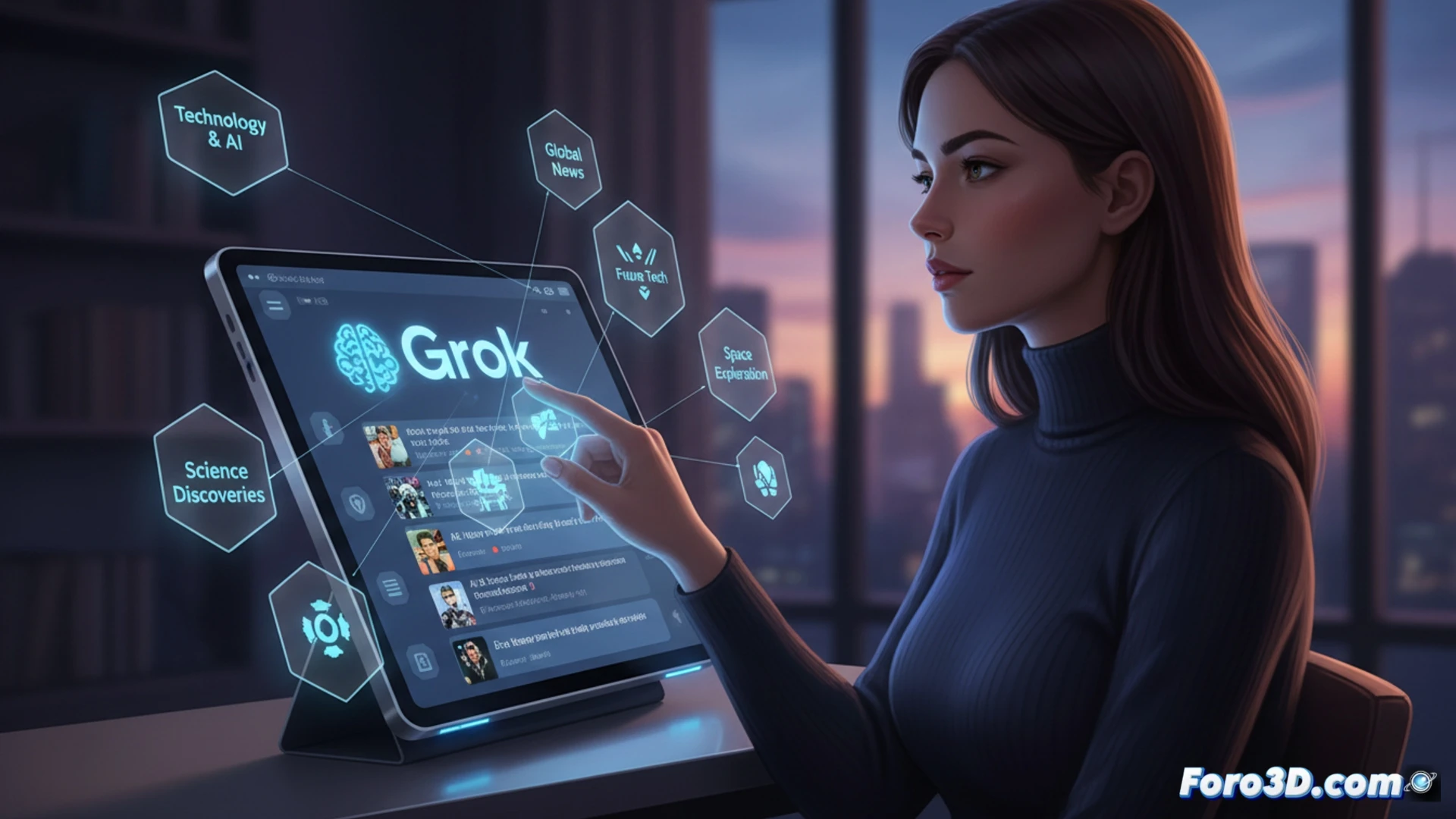 Una persona usando un iPhone con la app X abierta, mostrando un menú donde el chatbot Grok personaliza el contenido del feed.