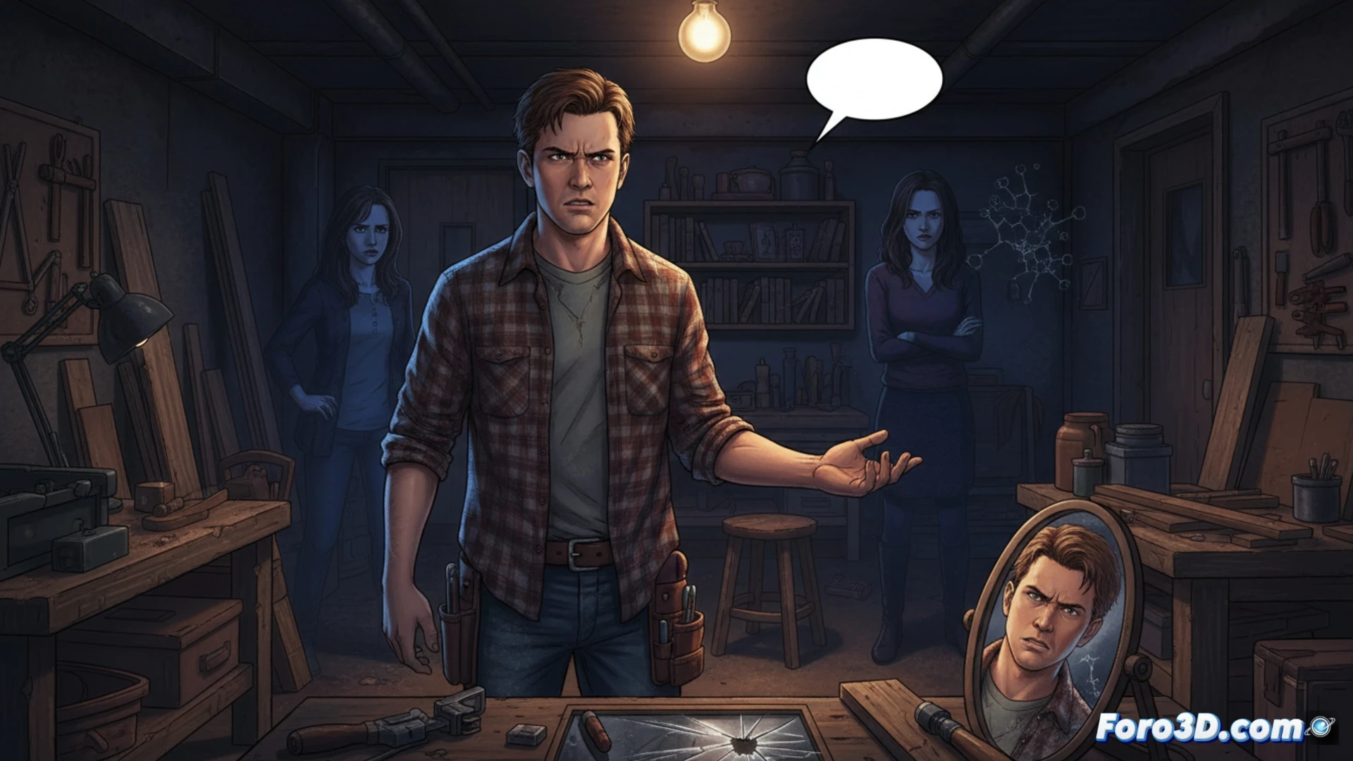 Xander, con expresión inmadura y gesto sarcástico, rodeado de momentos clave de la serie que muestran su falta de crecimiento personal.