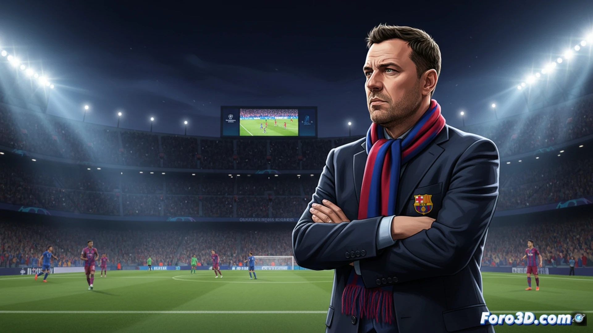 Xavi Hernández, con gesto serio, señala a un tablero táctico con escudos del Barça y Nantes, en un fondo de estadio iluminado.