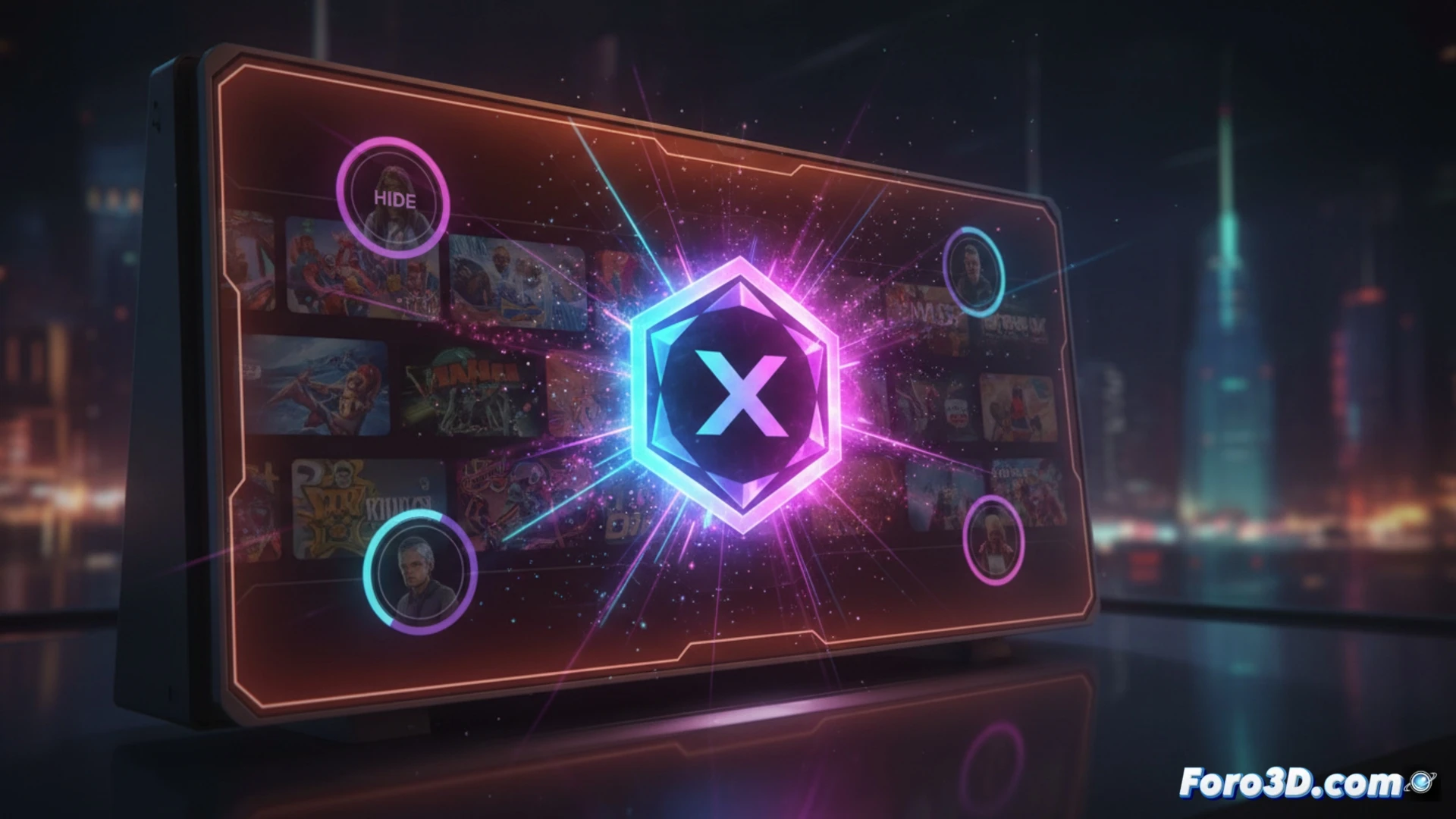 Una consola Xbox muestra una notificación de logro personalizada con colores del jugador, junto a opciones para editar el perfil.