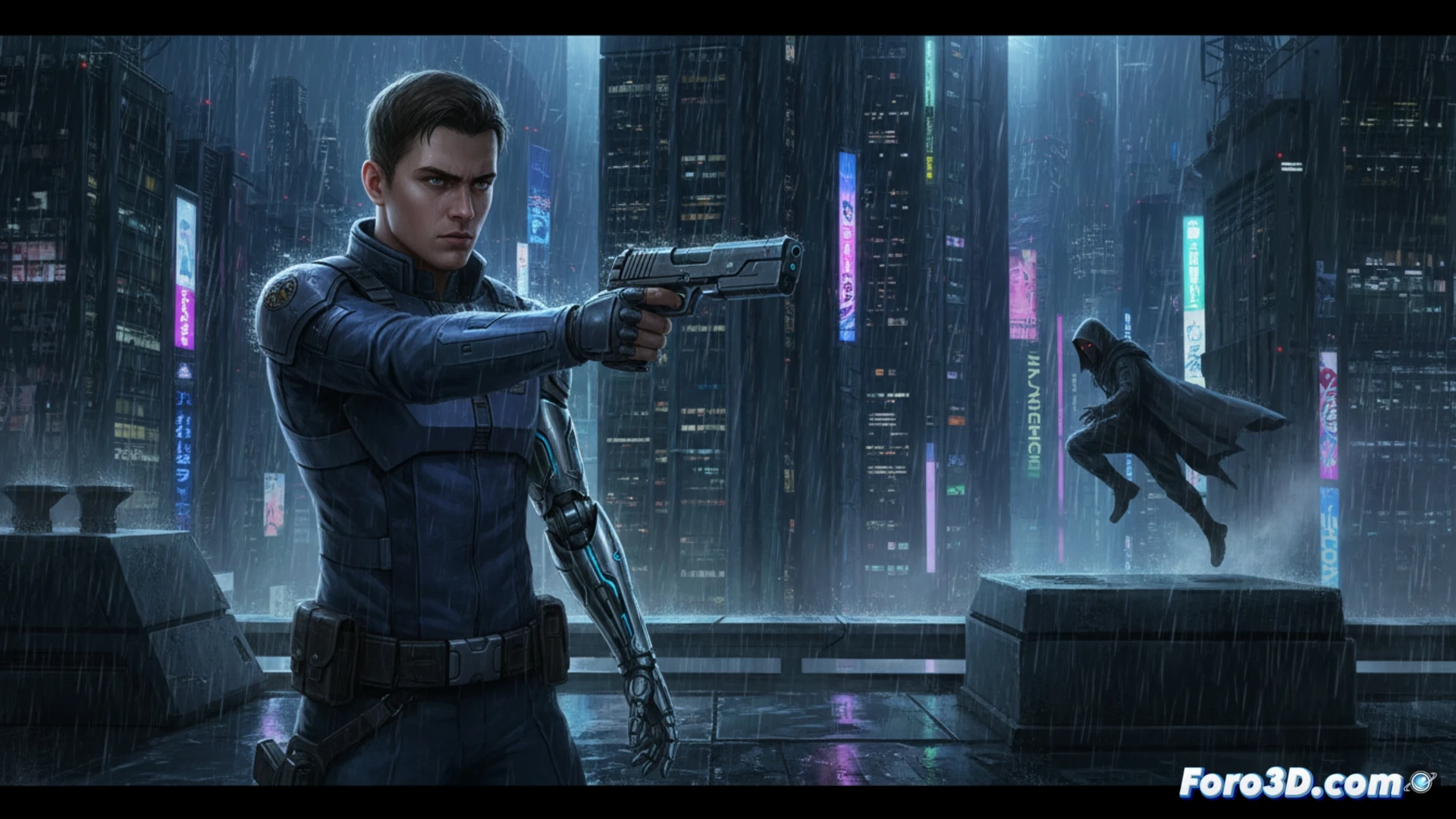 Científico cyborg Ziggy mira pantalla futurista con Voyager, fondo espacial oscuro y texto Switch/PC.