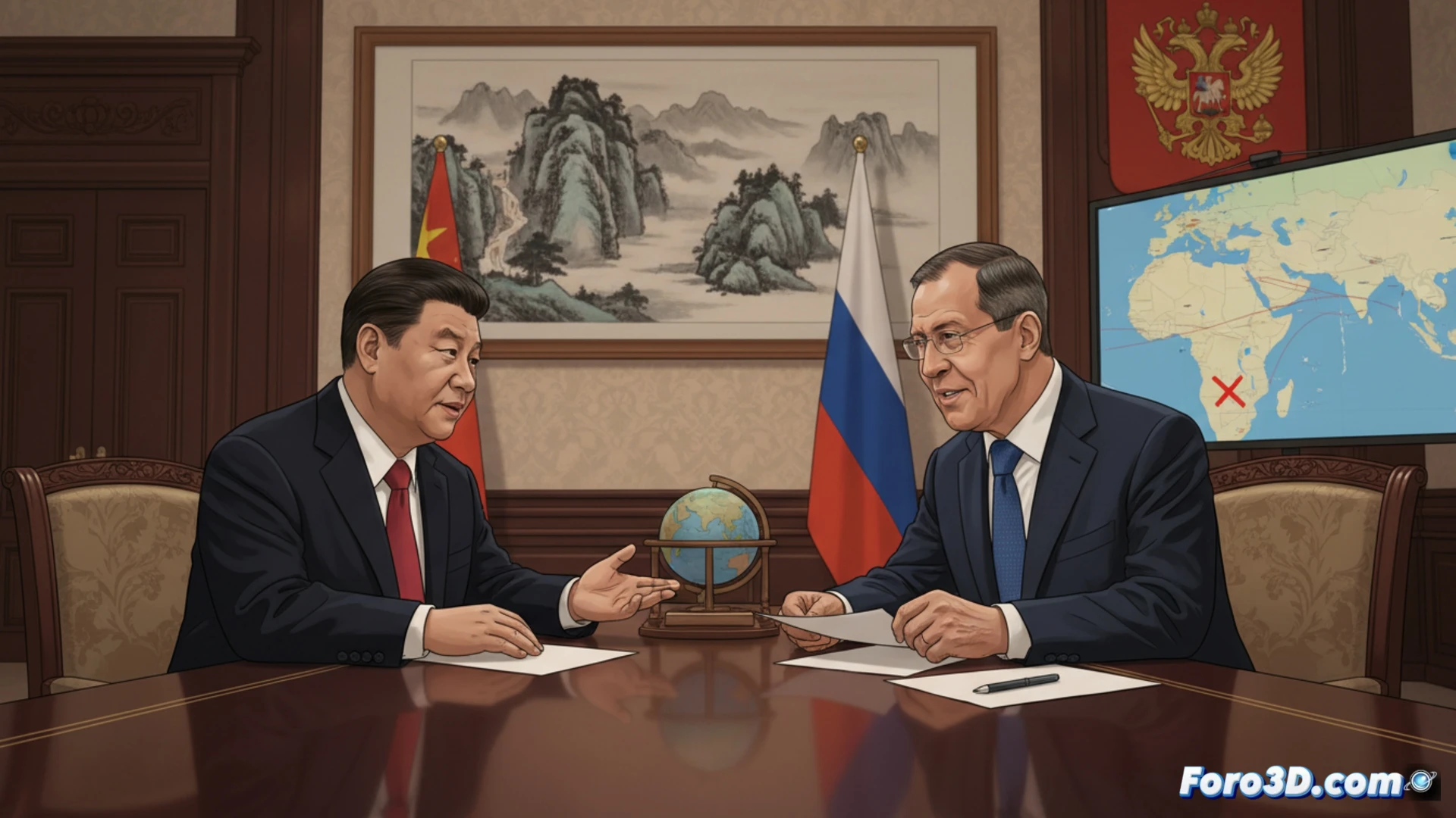 Xi Jinping y Serguéi Lavrov conversan en una mesa, con banderas de China y Rusia al fondo, mientras revisan documentos sobre energía.
