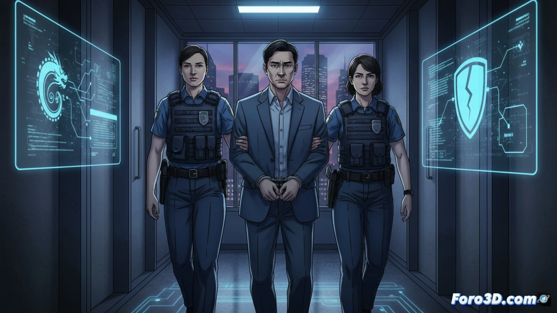 Un hombre chino esposado es escoltado por agentes; al fondo, banderas de EE.UU. y códigos binarios sugieren ciberataques Silk Typhoon.