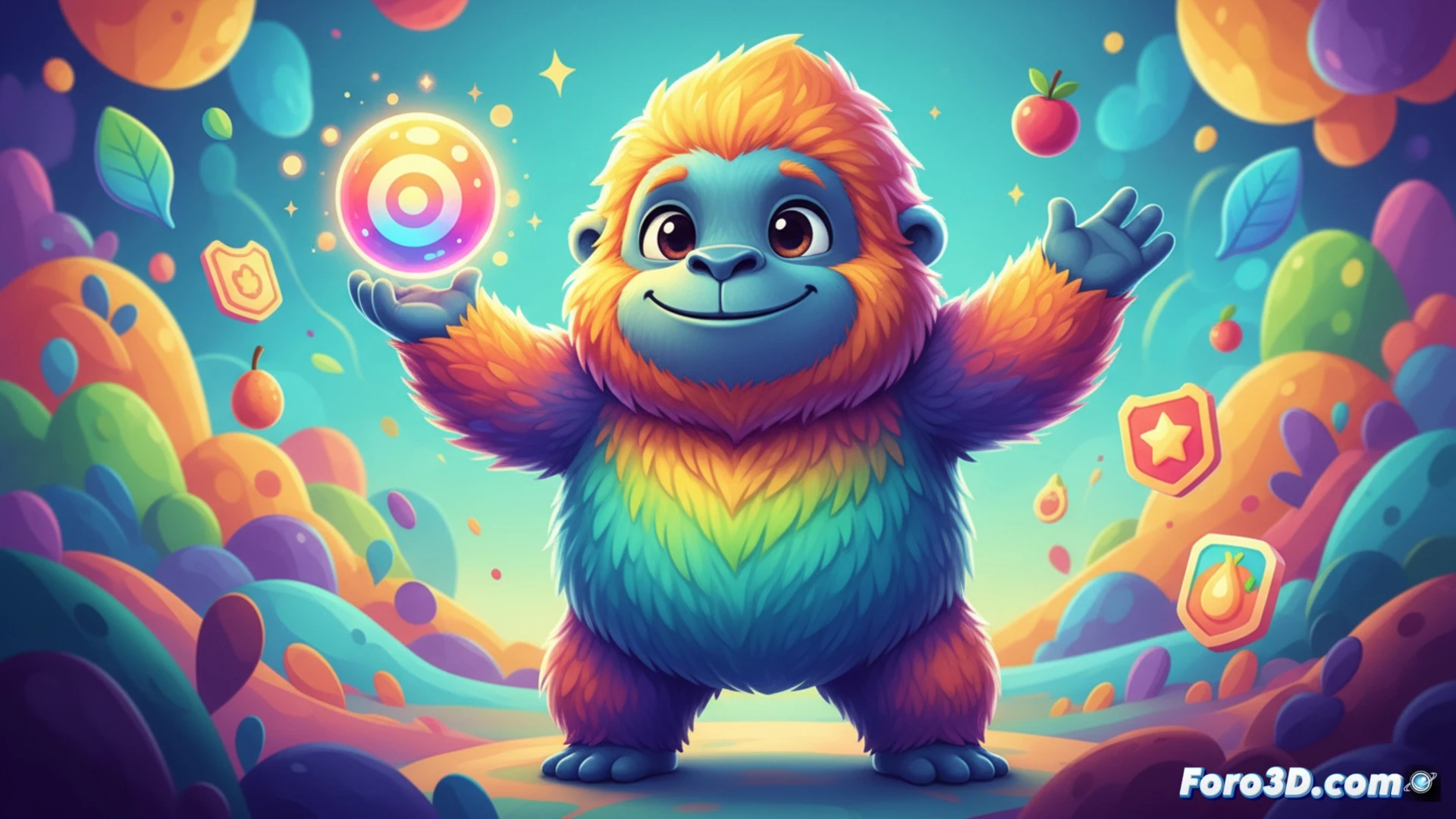 Una app de nutrición con un yeti azul y juguetón guiando a un usuario en un entorno digital colorido y gamificado, lleno de iconos de comida saludable y logros.