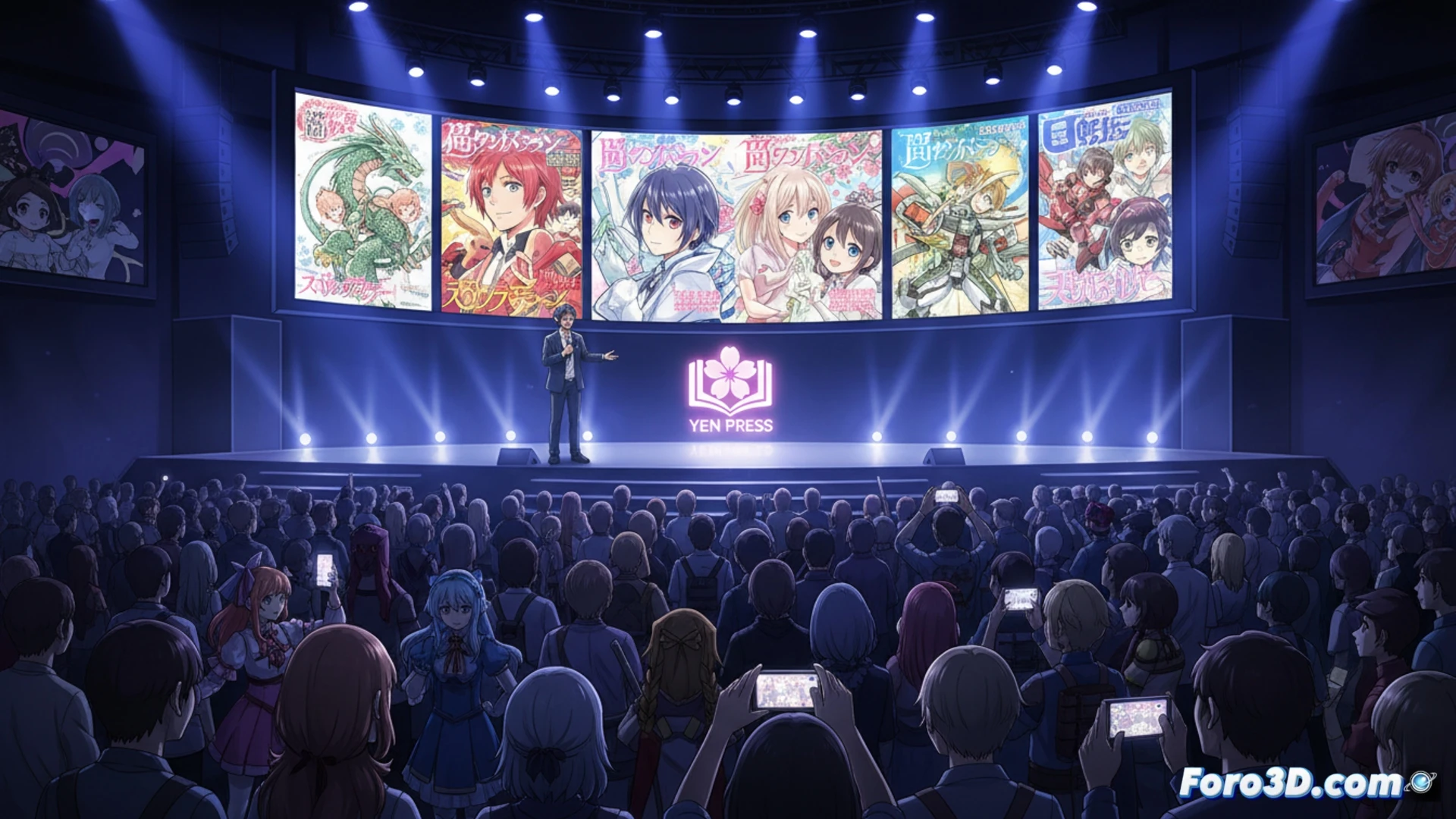 Un ejecutivo de Yen Press anuncia ocho nuevos mangas en un escenario de la Sakura-Con 2026, con logos de las series proyectados.
