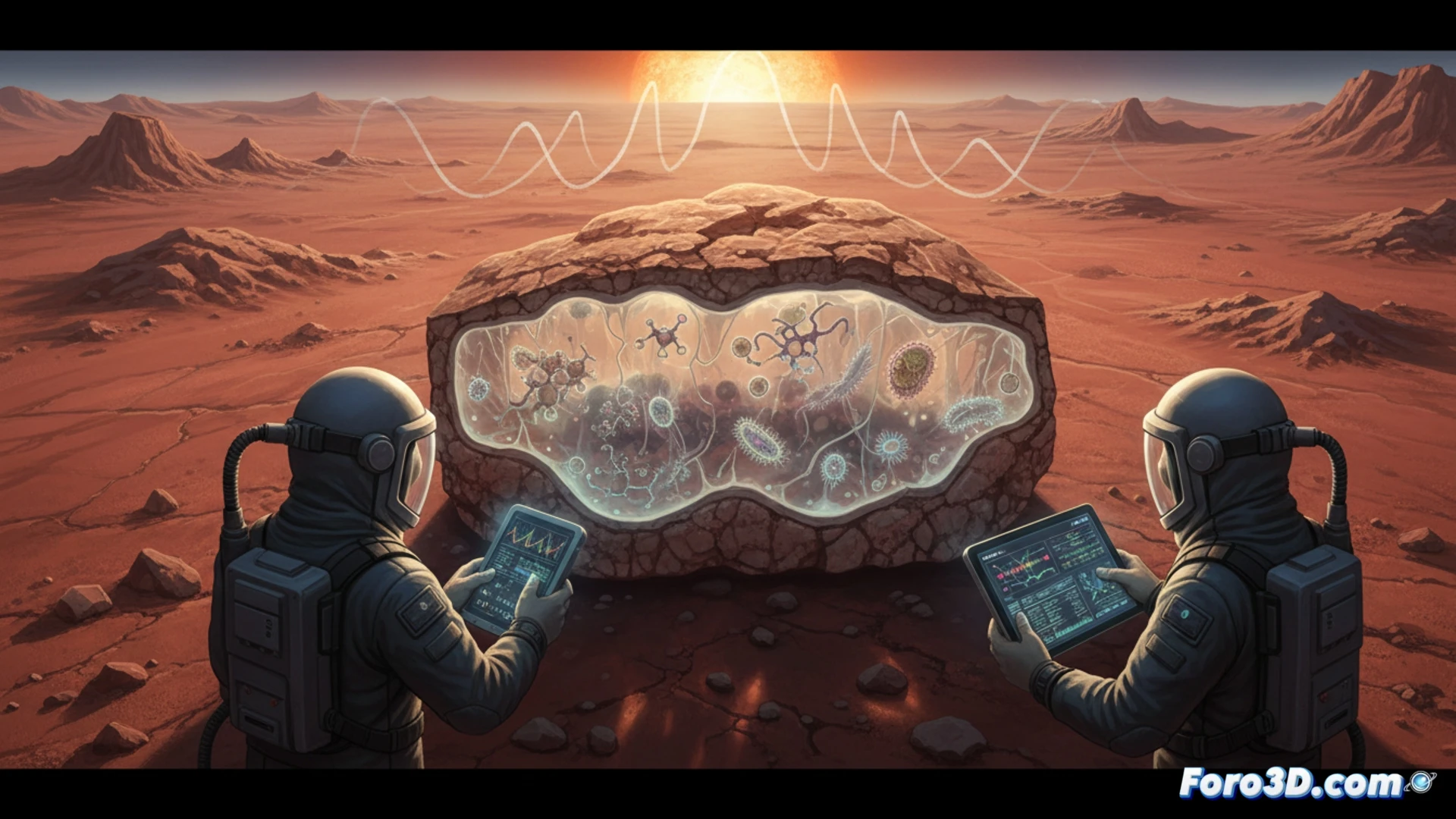 Modelo 3D de cristales de yeso marciano con inclusiones de microfósiles y biomarcadores resaltados en colores.