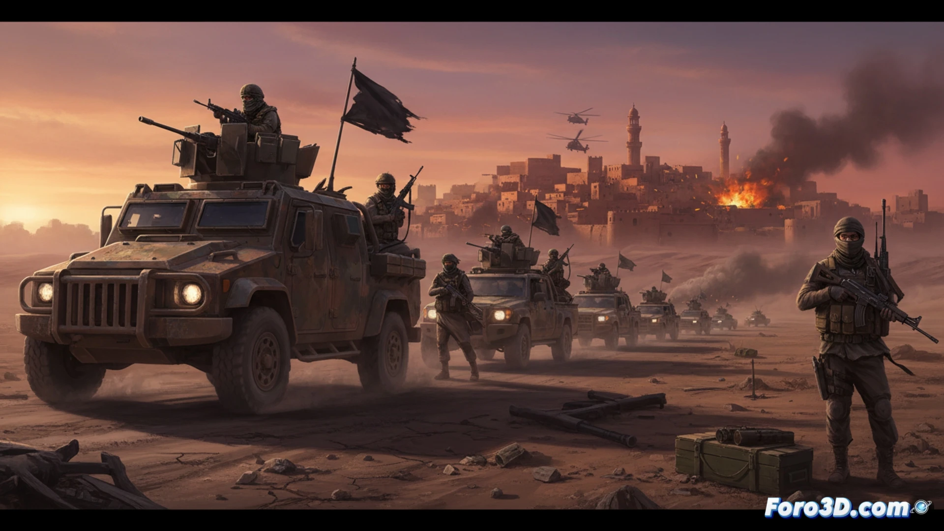 Un mapa satelital de Bamako rodeada por llamas y banderas negras yihadistas, con cinco ciudades marcadas en rojo al norte.