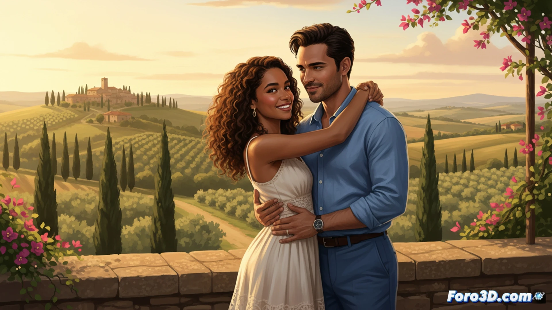 Una pareja sonríe, con viñedos toscanos de fondo, irradiando carisma y química.