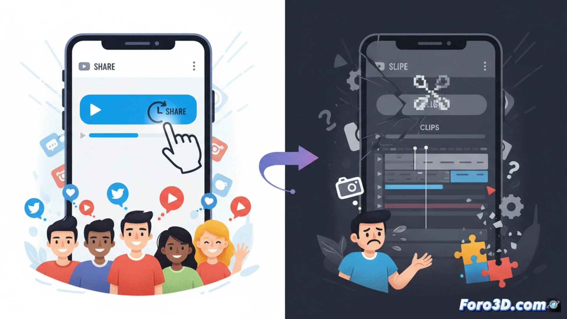 Una mano sostiene un móvil mostrando un video de YouTube con un menú de compartir resaltado. Otra mano intenta tomar unas tijeras que se desvanecen.
