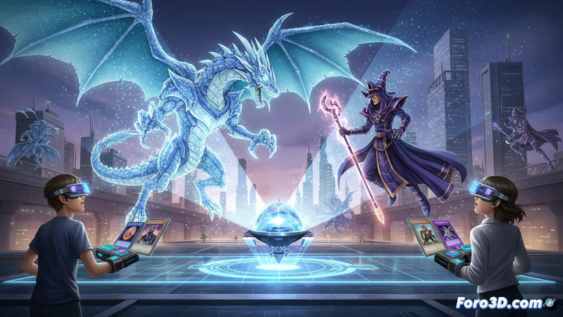 Un duelo con monstruos holográficos 3D, como el Dragón Blanco, emergiendo del tablero físico hacia el espacio real.