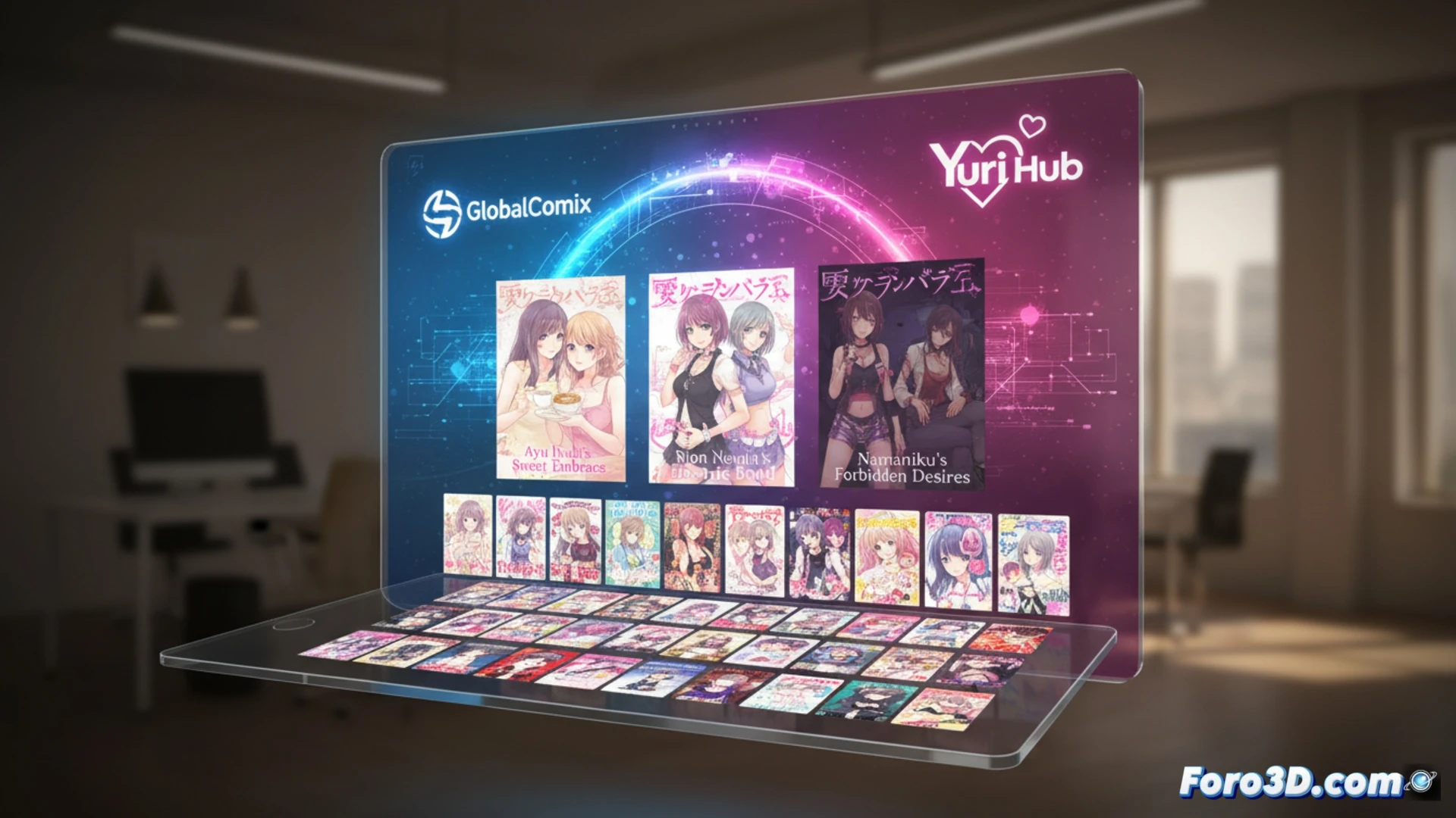 Dos pantallas unidas muestran el logo de Yuri Hub fusionándose con GlobalComix, rodeado de portadas de manga GL femenino.