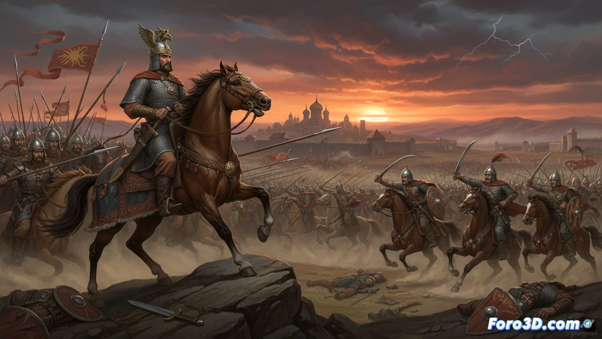 Reconstrucción digital 3D del campo de batalla de Kulikovo, mostrando formaciones de tropas medievales y el terreno.