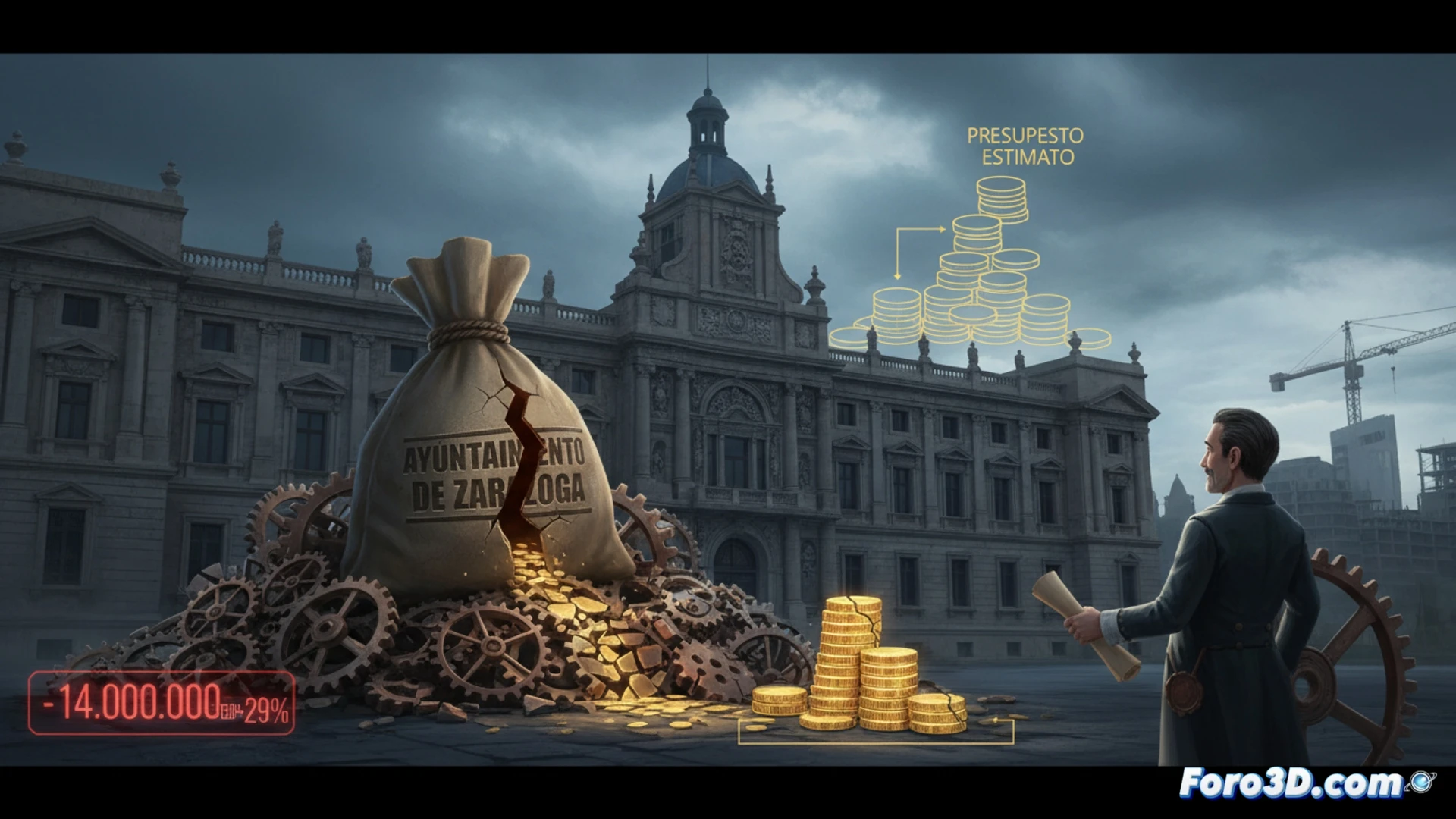 Una balanza desequilibrada con monedas cayendo del lado estatal, sobre planos de Zaragoza y un ayuntamiento con presupuesto recortado.