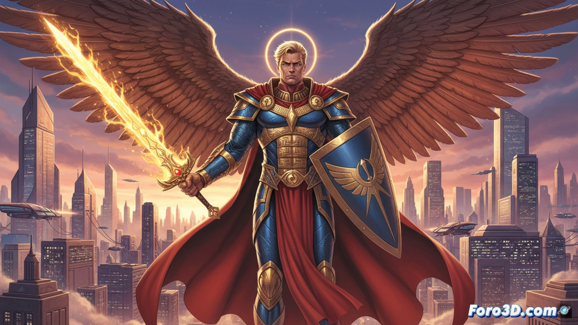 Un ángel alado con armadura dorada, entre los héroes de la Liga de la Justicia.