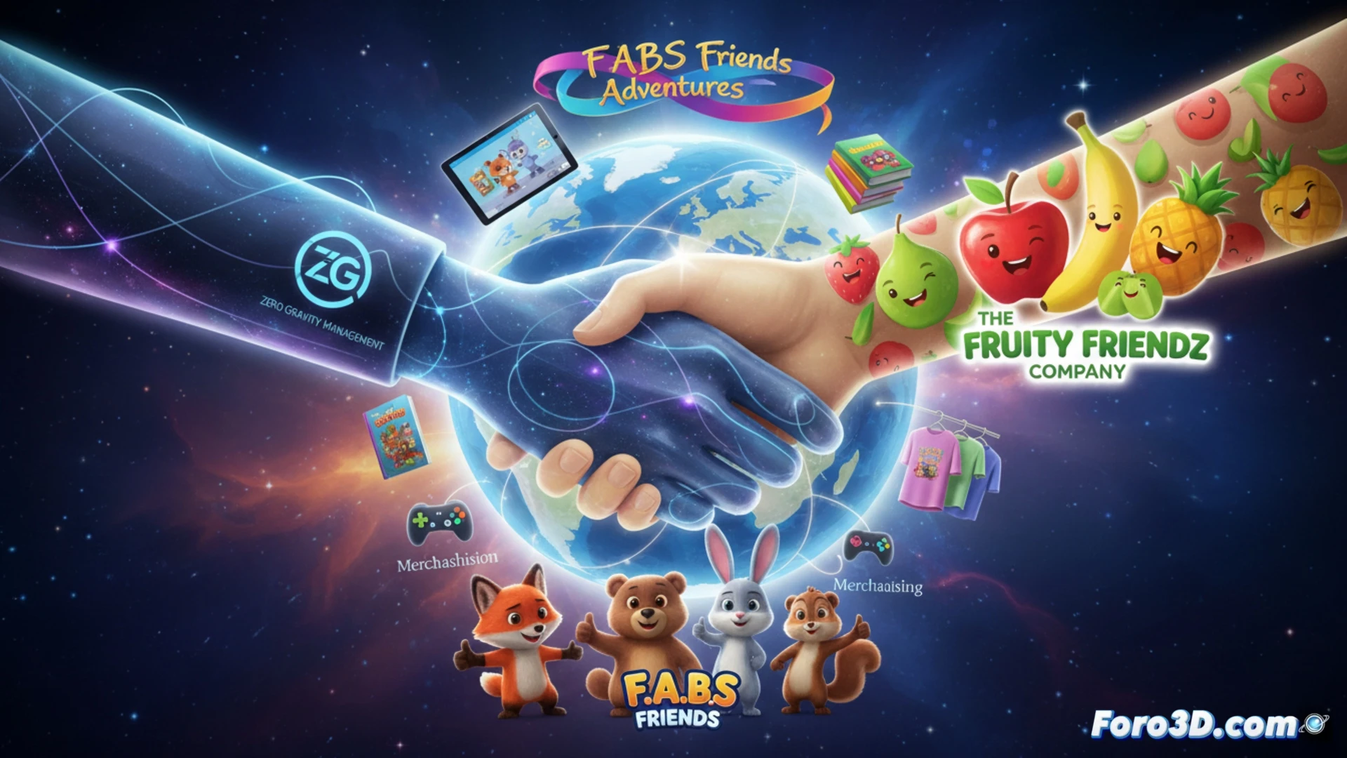 Una mano estrecha un contrato entre logos de Zero Gravity y Fruity Friendz, con coloridos personajes frutales de fondo en un mundo de aventuras.
