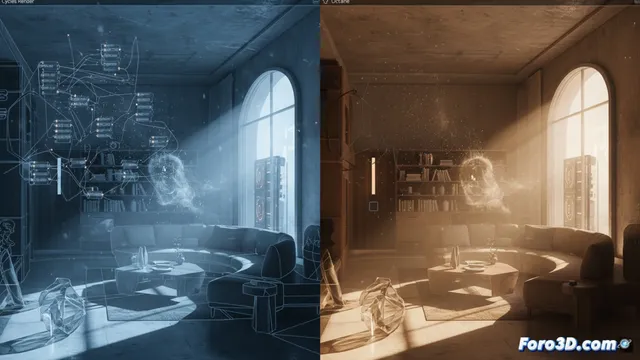 Comparar cómo trabajan Cycles y Octane Render en escenas complejas
