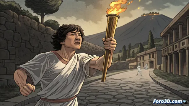 Jackie Chan porta la antorcha olímpica en las ruinas de Pompeya