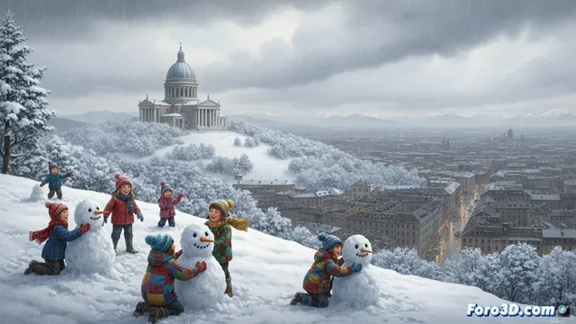 Una nevada intensa cubre la colina de Superga en Turín