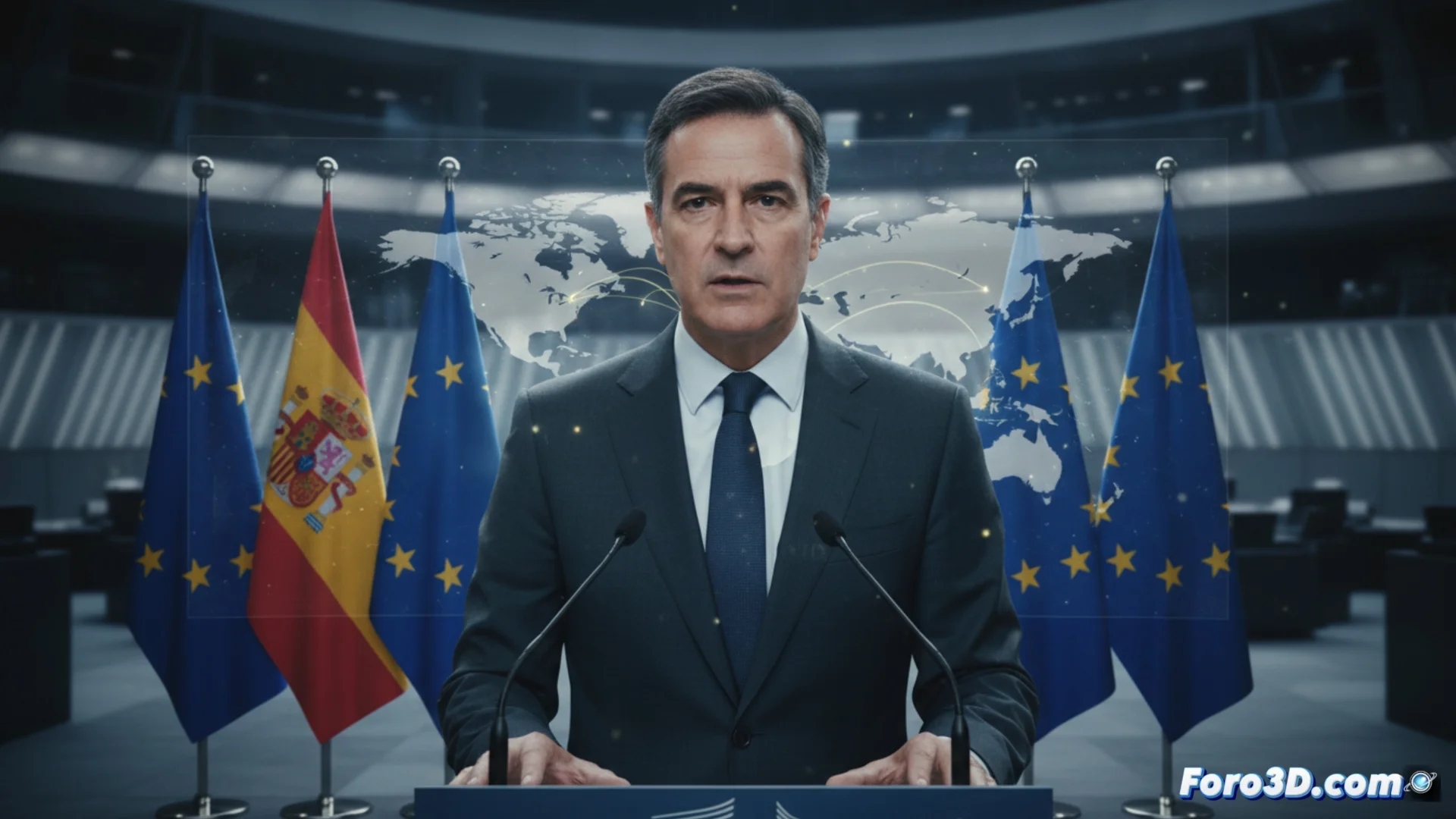El ministro español de Asuntos Exteriores, José Manuel Albares, hablando en un podio con la bandera de la Unión Europea de fondo, durante una conferencia sobre política comercial.
