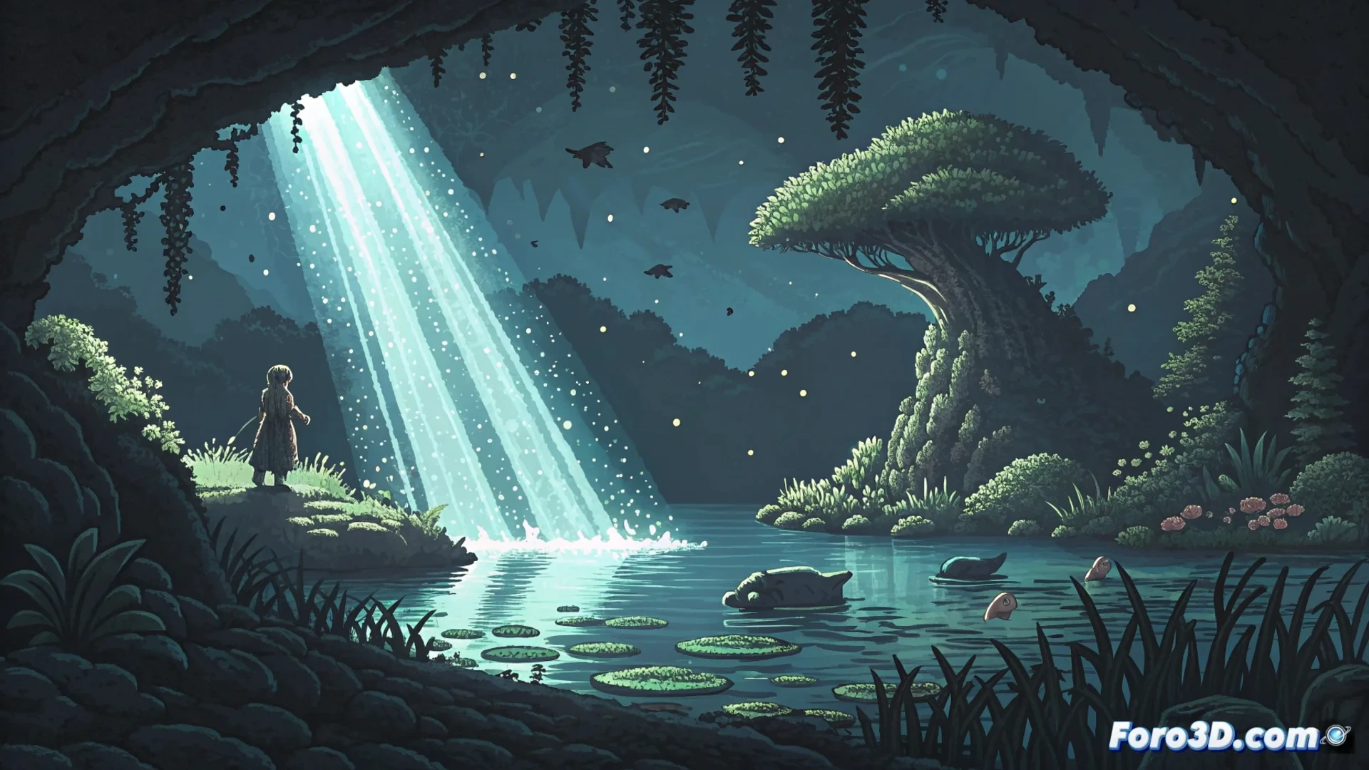 Captura de pantalla de Animal Well mostrando un entorno pixelado con efectos de iluminación dinámica que iluminan pasillos, partículas de niebla flotando y reflejos en una superficie de agua simulada.
