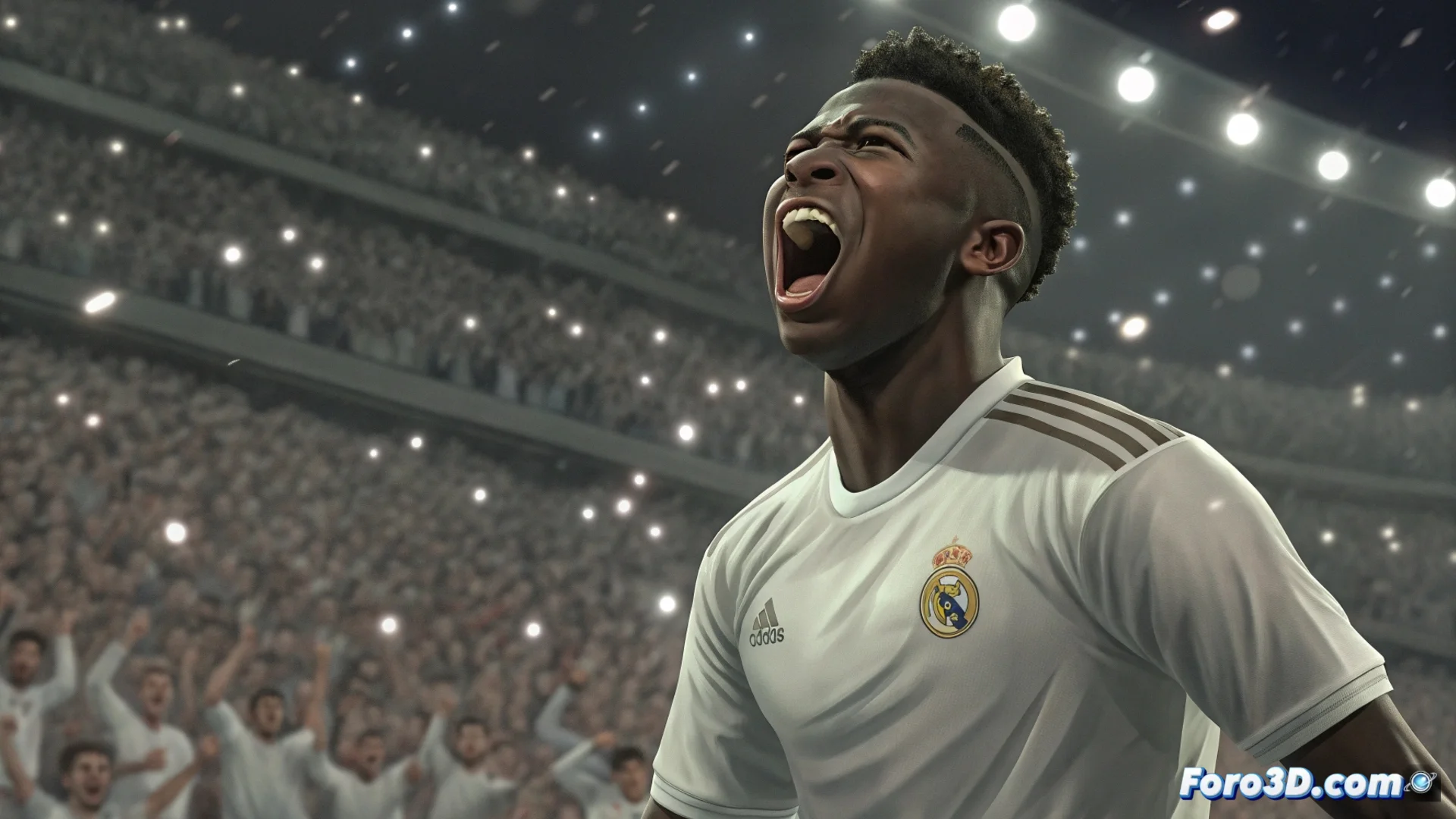 Álvaro Arbeloa, exfutbolista del Real Madrid y actual comentarista, habla ante un micrófono. Al fondo, una imagen de Vinicius Junior celebrando un gol en el estadio Santiago Bernabéu.