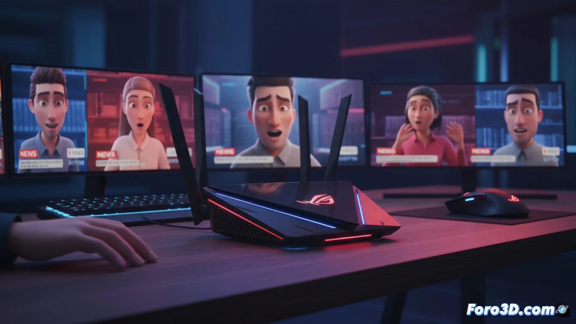 Fotografía del router gaming Asus ROG Strix GS-BE7200, mostrando su diseño angular con iluminación RGB y antenas, sobre un fondo oscuro con un estilo gamer.