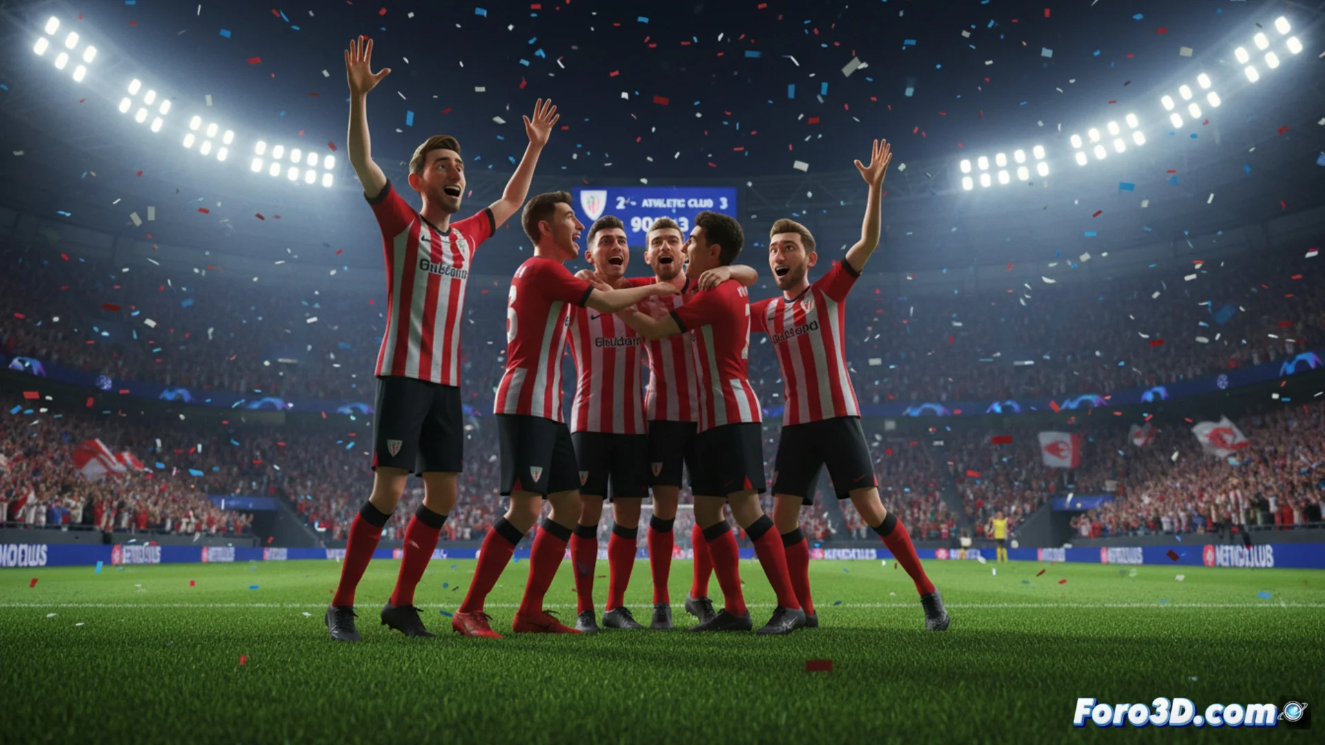 Jugadores del Athletic Club celebrando un gol en el césped del Gewiss Stadium de Bérgamo, con la afición visitante en segundo plano.