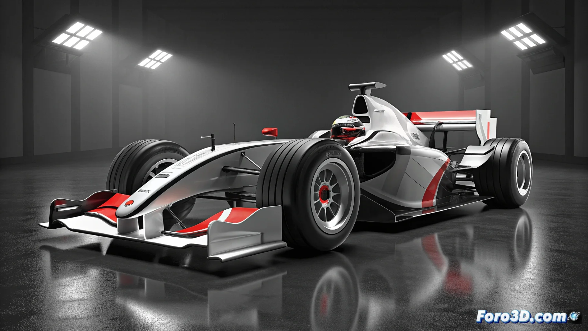 Fotografía oficial del Audi R26, monoplaza de Fórmula 1, mostrando su diseño en blanco, negro y rojo con líneas aerodinámicas definidas, alerón delantero de múltiples elementos y pontones laterales estrechos.