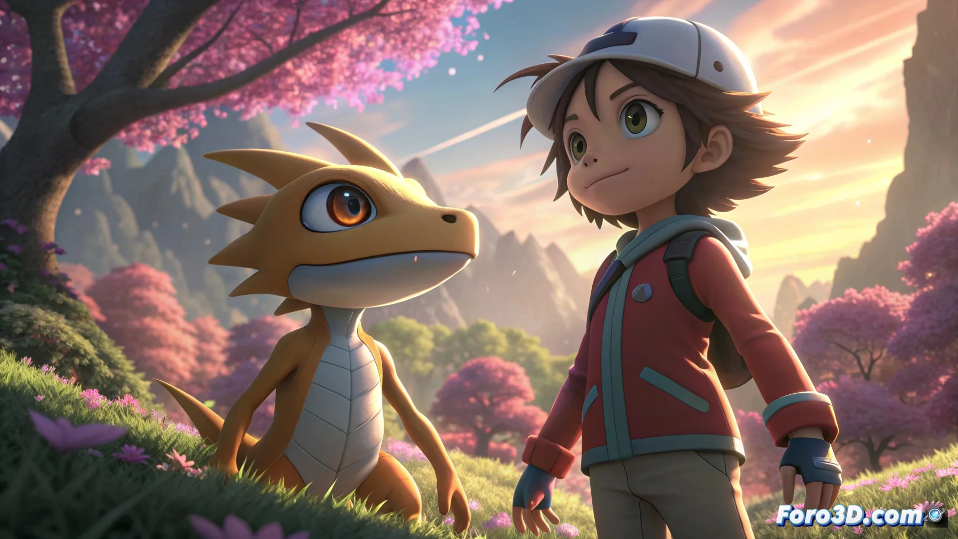 Captura de pantalla oficial del videojuego Digimon Story Time Stranger mostrando a los nuevos personajes Gaku y Ran en un entorno digital vibrante.