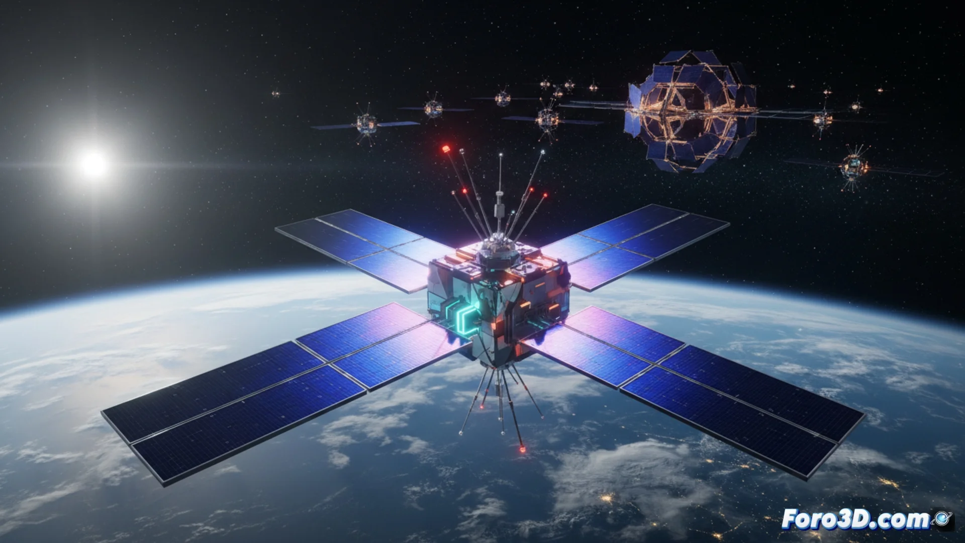 Ilustración conceptual de la constelación de satélites TeraWave de Blue Origin orbitando la Tierra, mostrando satélites en diferentes capas orbitales.