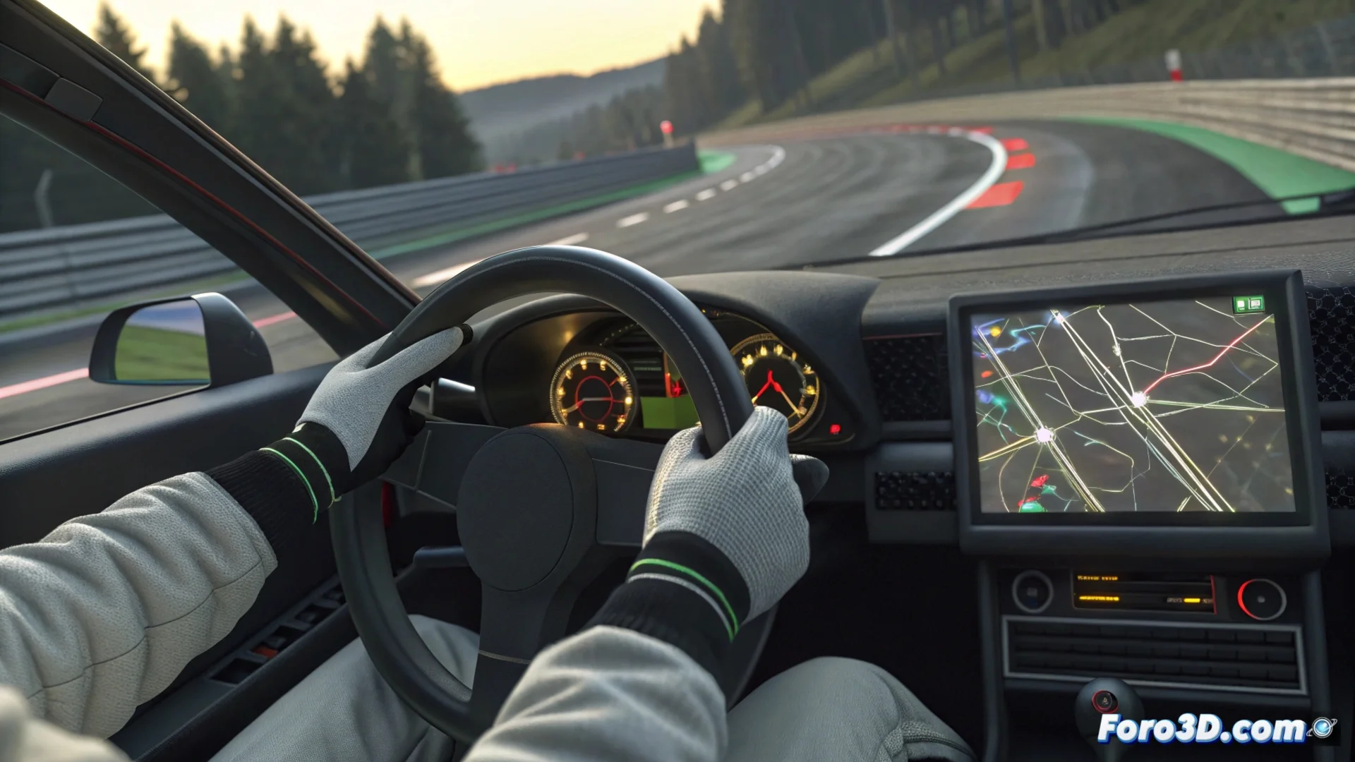 Prototipo del sistema de asistencia de Bosch instalado en un volante de carreras, mostrando una interfaz digital con datos de trazada y desgaste de neumáticos en un circuito virtual.