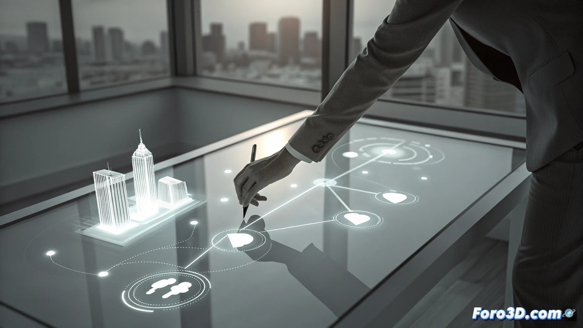 Infografía que muestra un laberinto de datos digitales con un rastro de migas de pan que conecta iconos como un edificio de oficinas, un icono de red profesional, un blog y un calendario de eventos, guiando hacia un perfil humano definido.