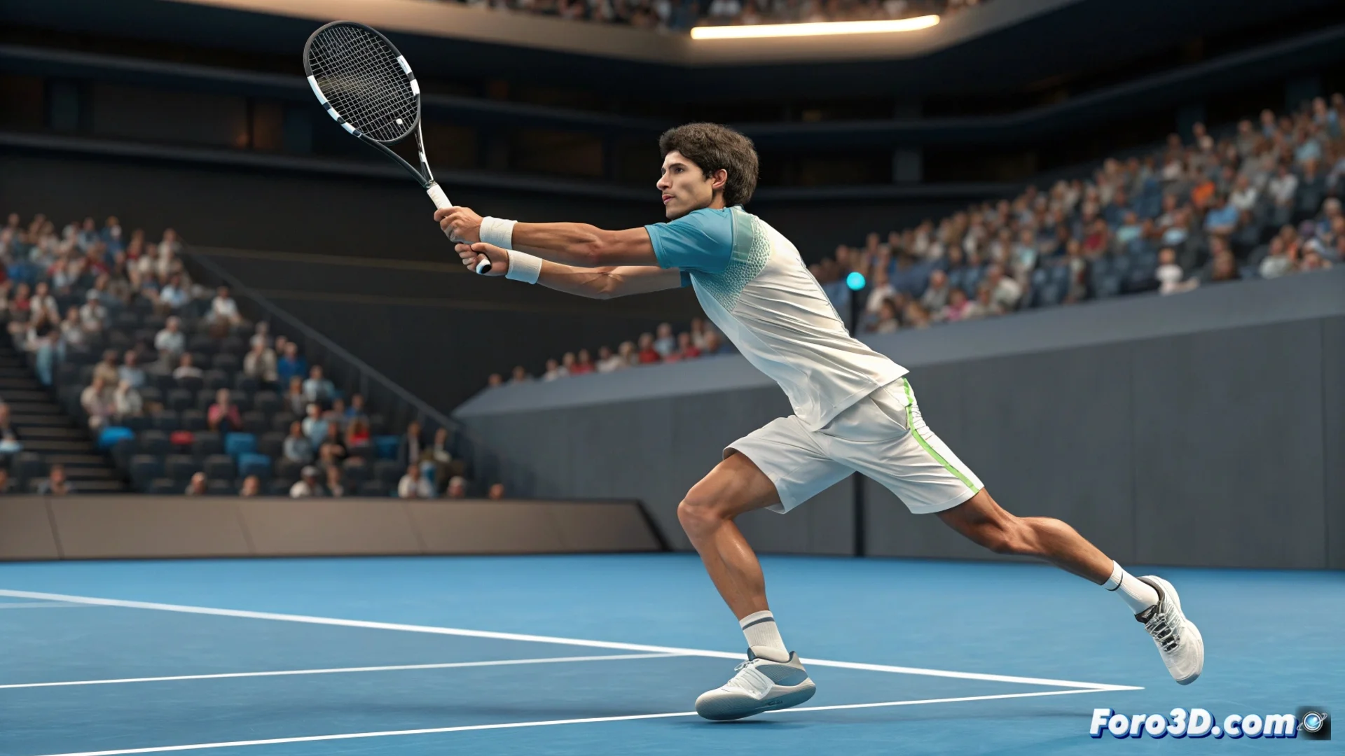 Carlos Alcaraz golpeando un revés durante su partido de segunda ronda en el Abierto de Australia 2026, con el estadio de fondo.