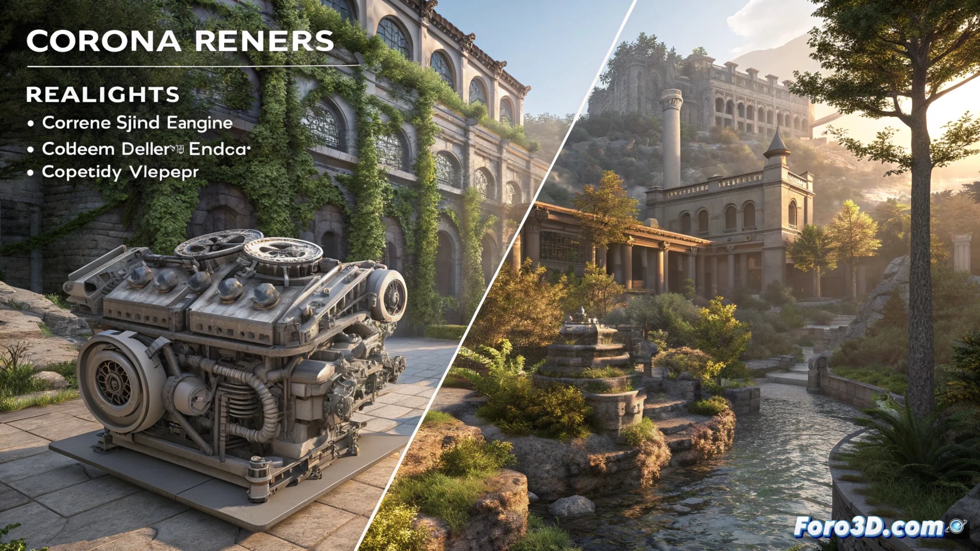 Comparativa visual entre Corona Render y Redshift mostrando cómo procesan una misma escena arquitectónica compleja, uno con iluminación cálida y detallada y el otro con un render más rápido.